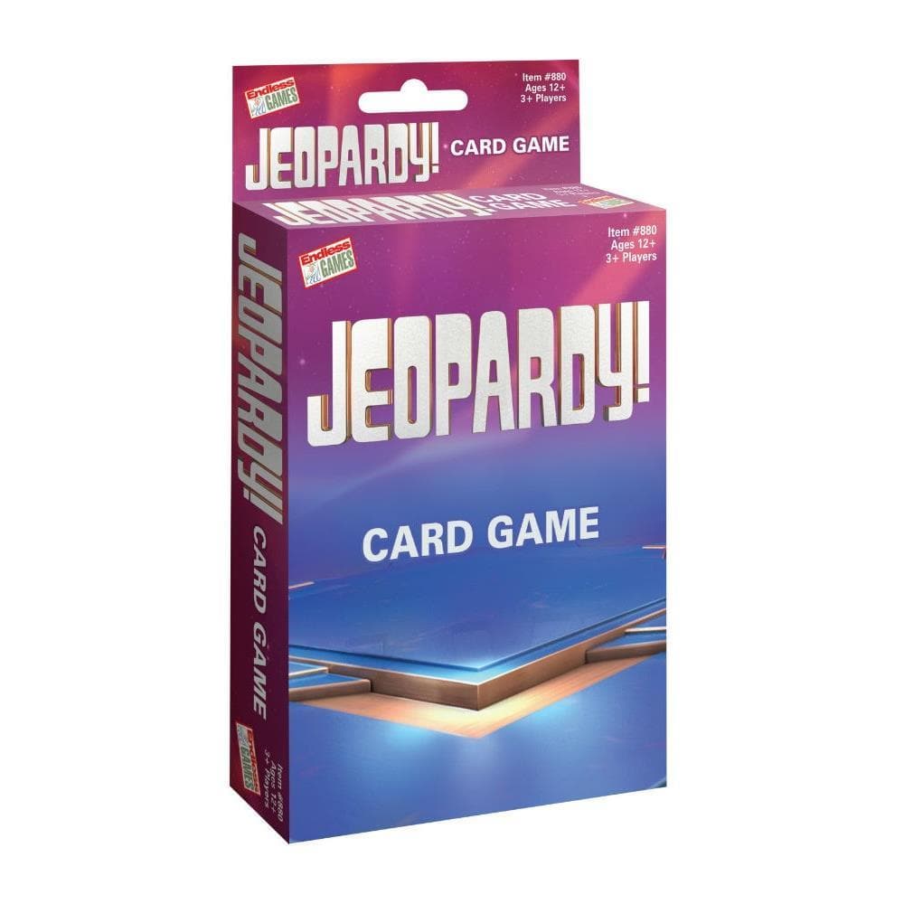 Boxed Jeopardy card game featuring the game's title and a brief description on the front.