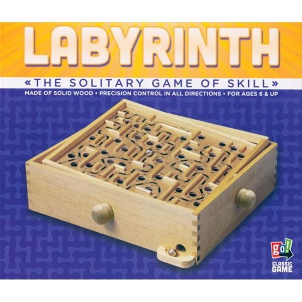 Wooden labyrinth game made of solid wood with knobs on the board to guide a ball through the maze. The game is marketed for ages 6 and up.