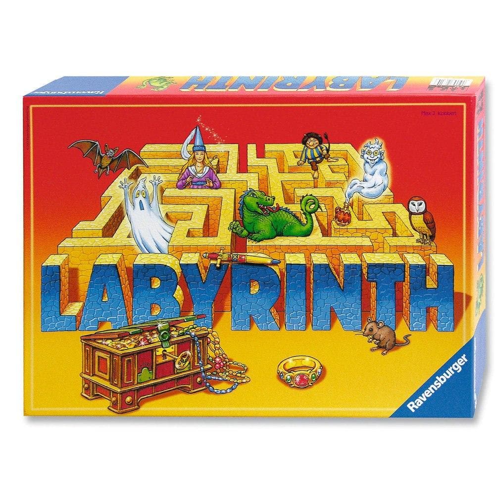 Box cover for the board game Labyrinth, featuring an illustration of the game's maze and characters such as a king, queen, and various animals like a frog and mouse. The game's title is prominently displayed at the bottom.