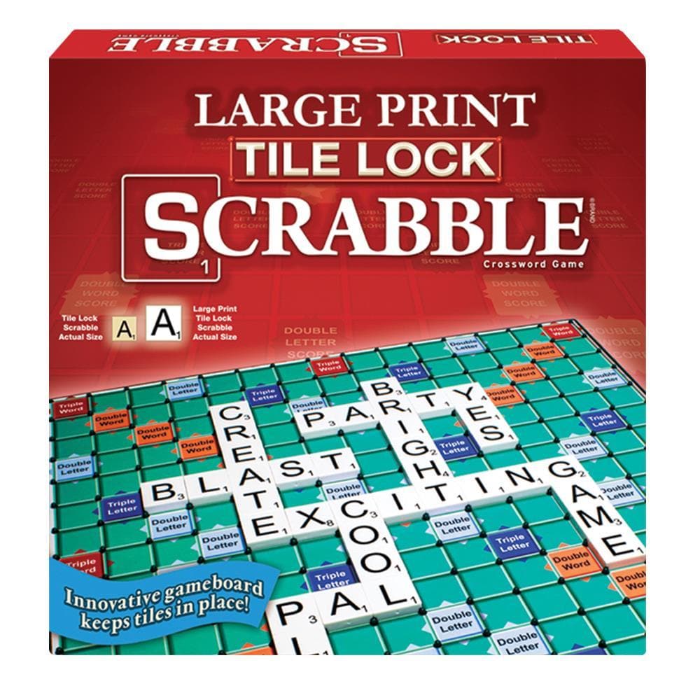 Board game box cover for Large Print Tile Lock Scrabble, displaying the game title, a grid of letters, and highlights of the tile-lock feature.