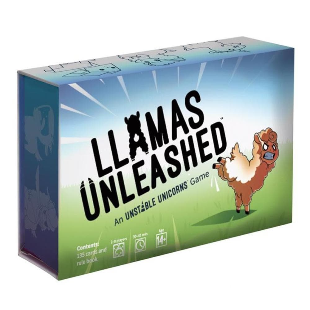 Box cover for the card game Llamas Unleashed, featuring a cartoon illustration of a llama and a unicorn, with the title text and game information.