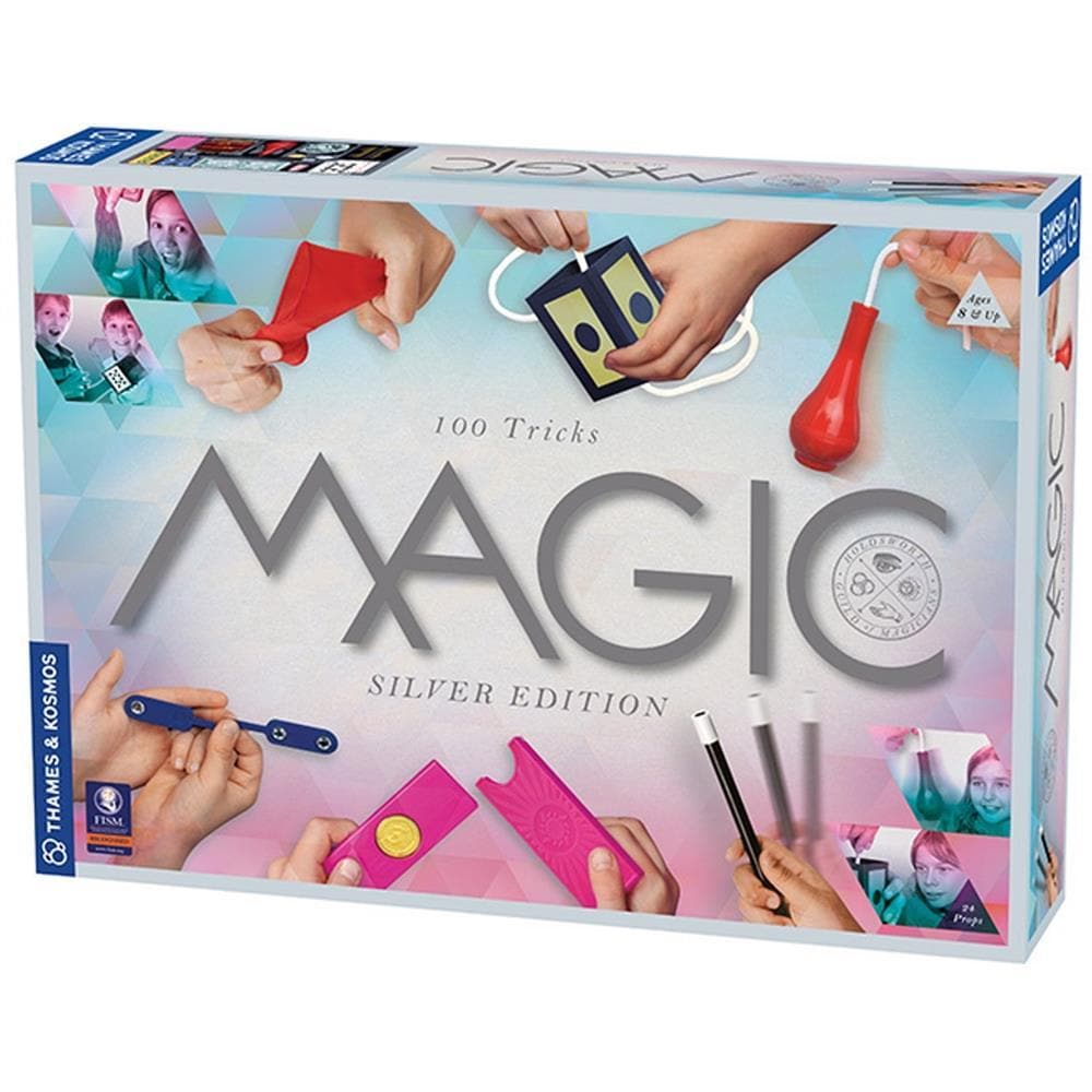 Boxed magic set labeled 'MAGIC Silver Edition' featuring images of hands performing various magic tricks with cards, coins, and a wand.