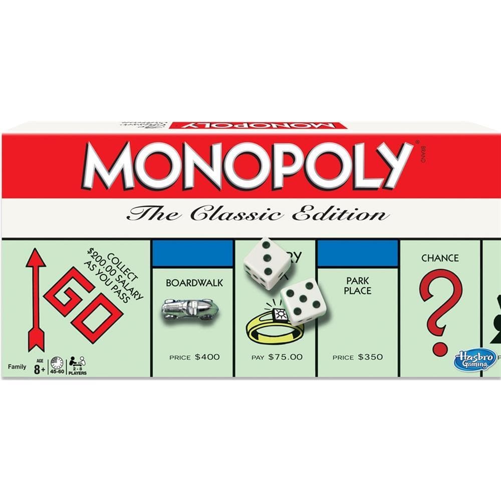 Monopoly The Classic Edition board game cover featuring the game board with properties such as Boardwalk and Park Place, along with chance and income tax cards.