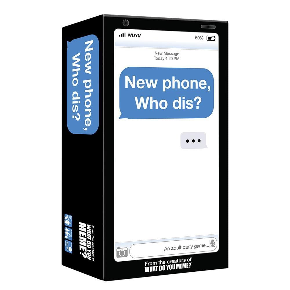 Box packaging for the party game 'New Phone, Who Dis' with a graphic displaying a text message conversation.