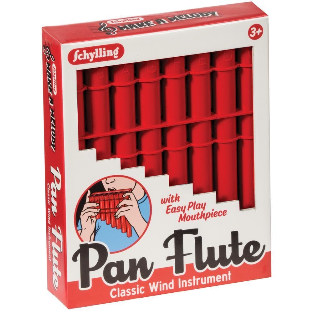 Packaging for a red pan flute toy with a 'Schylling' brand logo, indicating it's a classic wind instrument and suitable for ages 3+ with easy play mouthpiece.