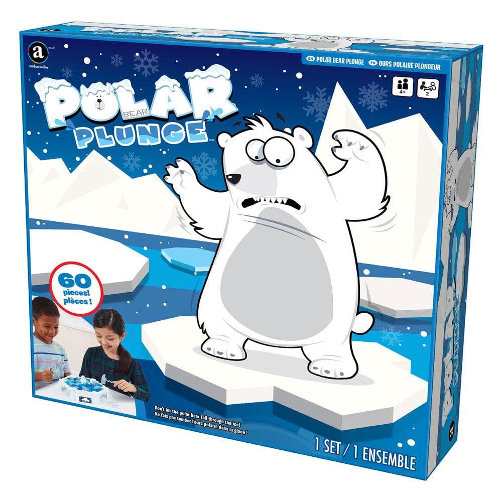 Boxed board game 'Polar Bear Plunge' featuring an illustration of a polar bear on ice blocks, with two children playing the game.