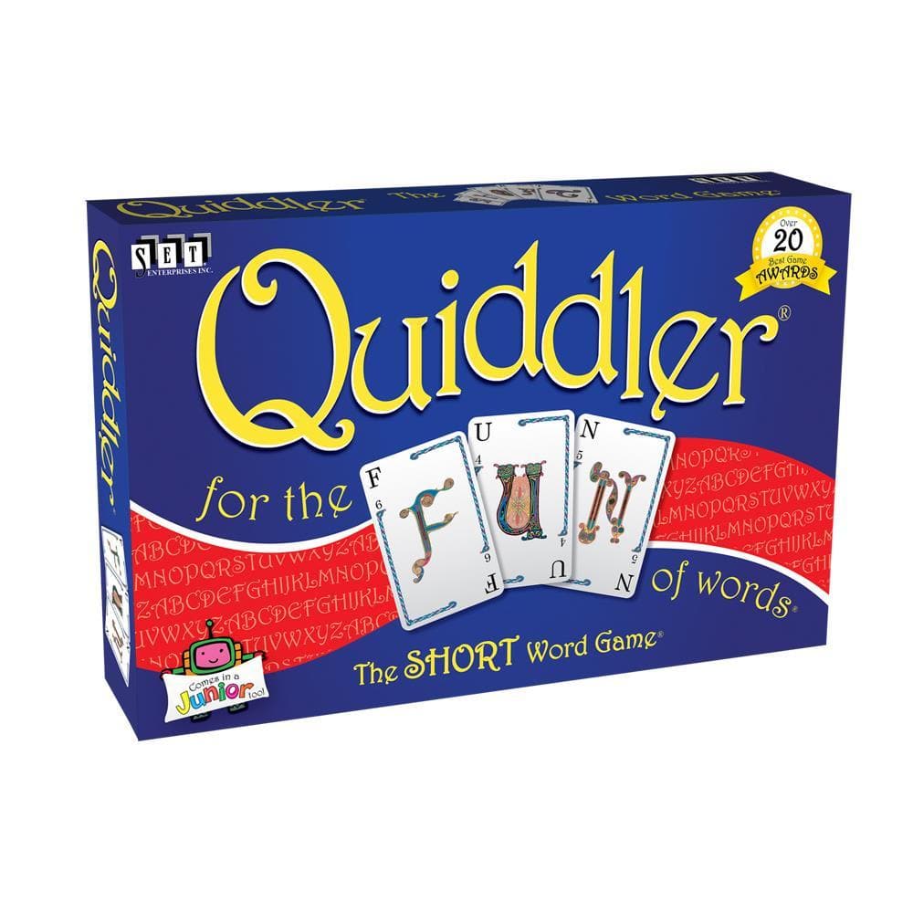 Boxed Quiddler card game featuring images of cards and the game's title on the cover.