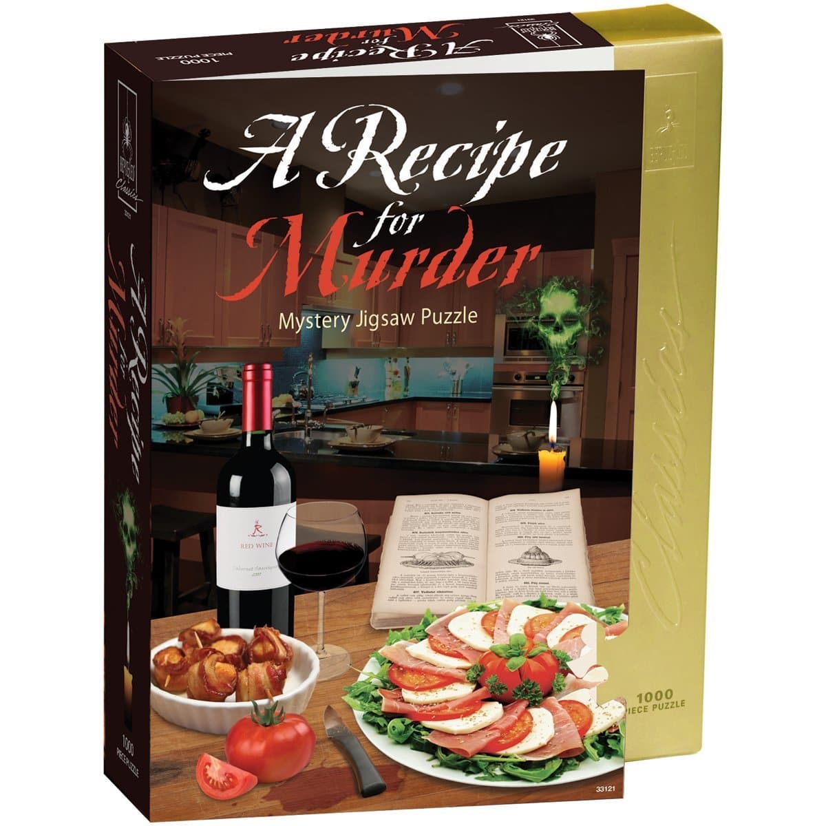 A puzzle box with an image of a recipe book, wine, and a salad on the cover, titled 'A Recipe for Murder Mystery Jigsaw Puzzle'.