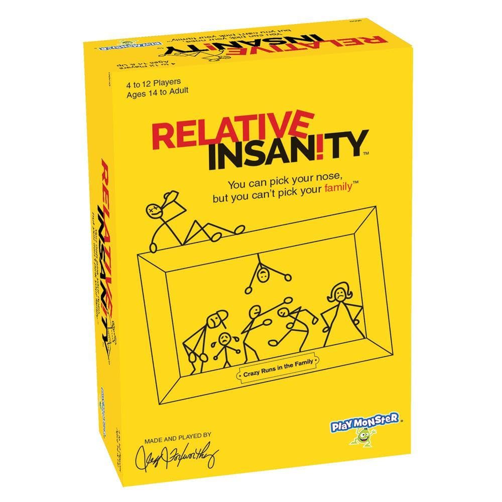 The image shows the packaging of the board game 'Relative Insanity'. The box is yellow with illustrations of people in a car and text, clearly indicating the game's theme and the age suitability.