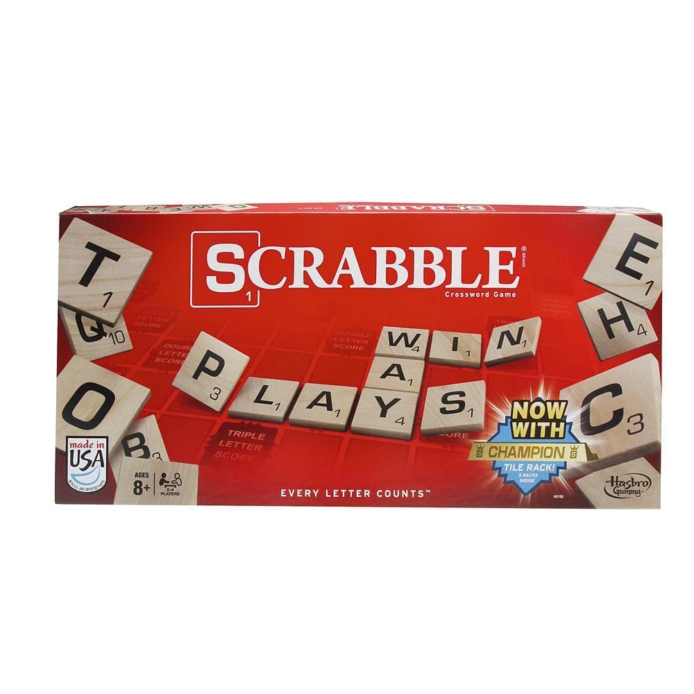 A Scrabble Classic board game box featuring the game's name and letters, with a red background.