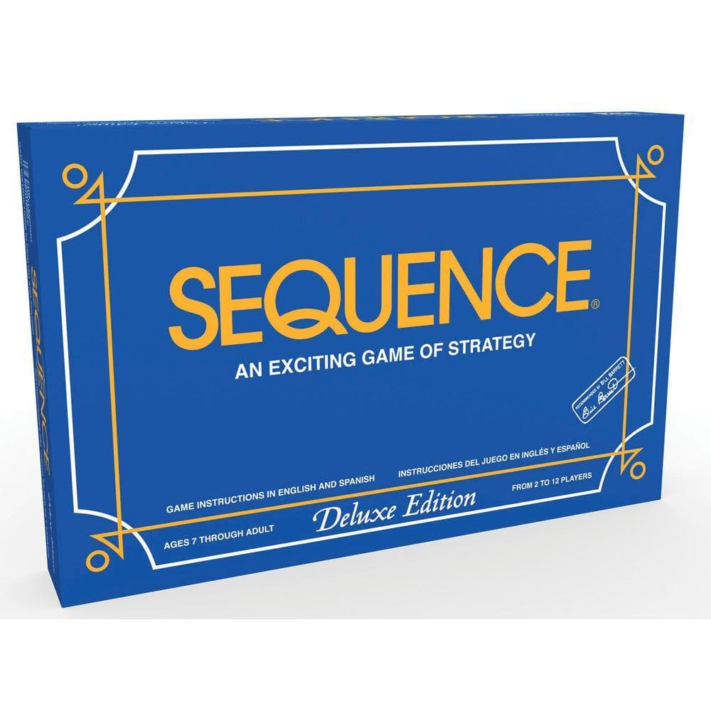 A blue and yellow Sequence Deluxe Edition board game box with the game's name and 'An Exciting Game of Strategy' text on it.