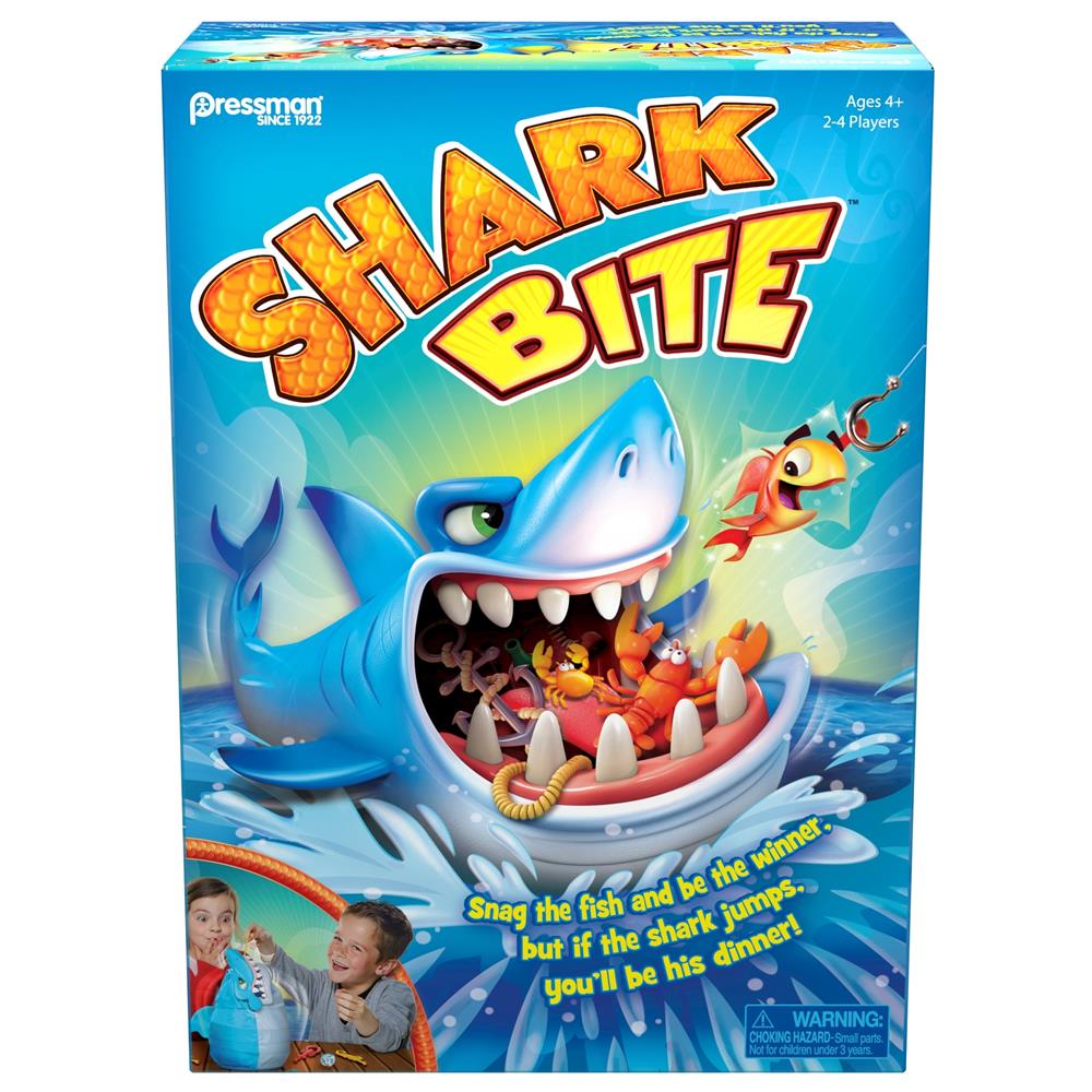 Board game box cover for 'Shark Bite' featuring an illustration of a shark with sea creatures and a family playing the game.