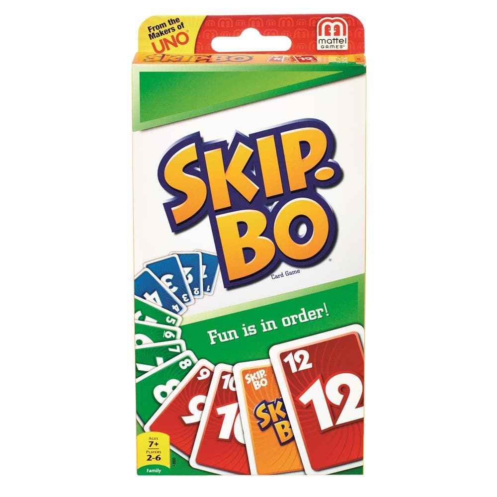 Packaging for the Skip Bo Card Game featuring the game's name and images of the playing cards.