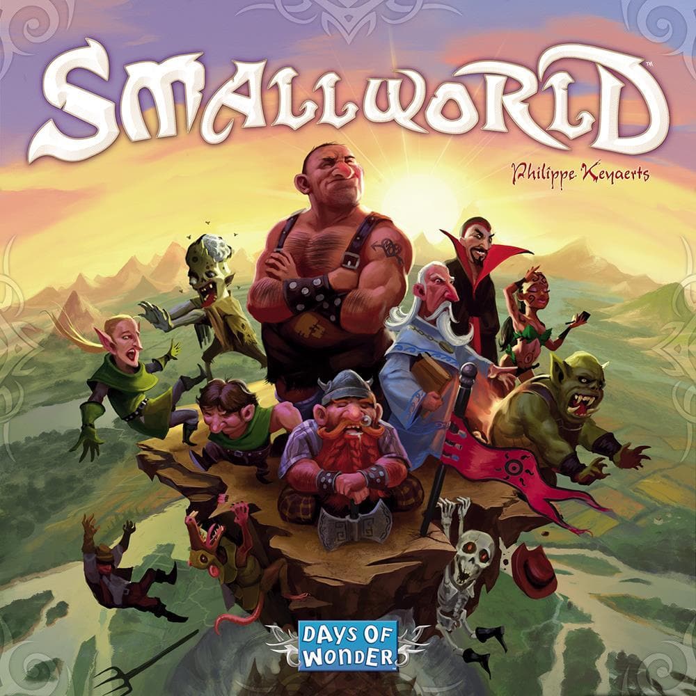 Cover art for the board game Smallworld, featuring a colorful illustration of various fantasy creatures and gods.