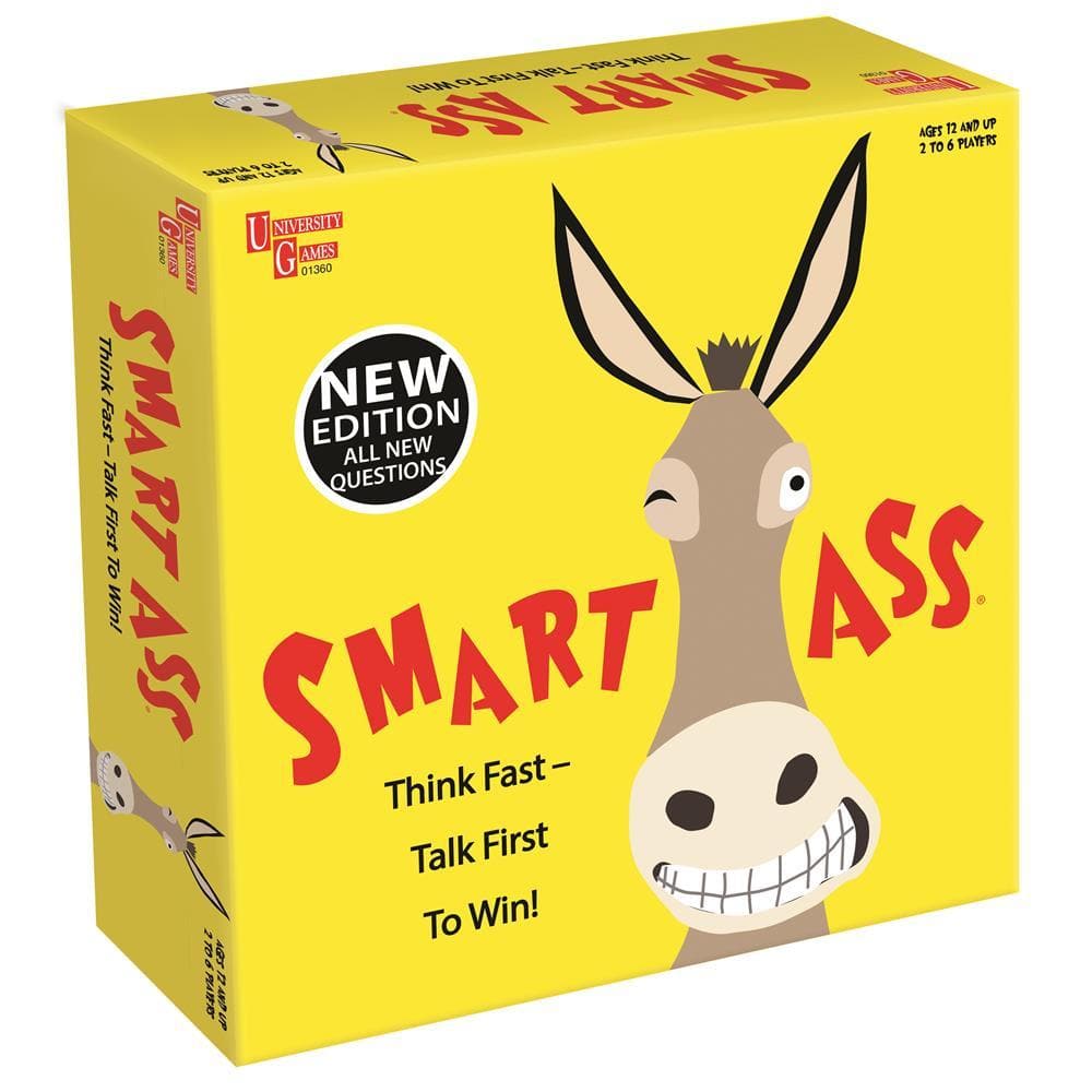The image shows the packaging of the Smart Ass Board Game with a cartoon donkey on the front and the text 'Think Fast - Talk First To Win!'.