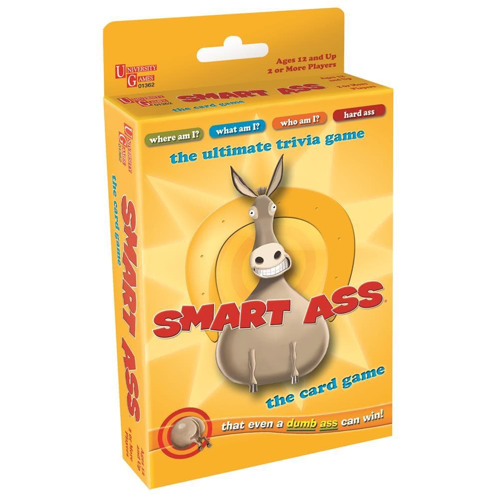 The image shows the packaging of the Smart Ass Card Game, featuring a cartoon donkey and the game's title on a yellow background.