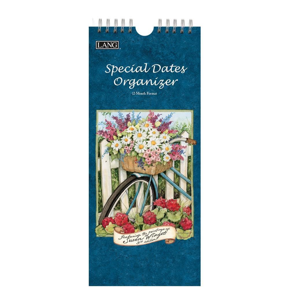 The image displays the front cover of the LANG Special Dates Organizer, featuring a floral design with a basket of flowers on a blue background with a white fence.
