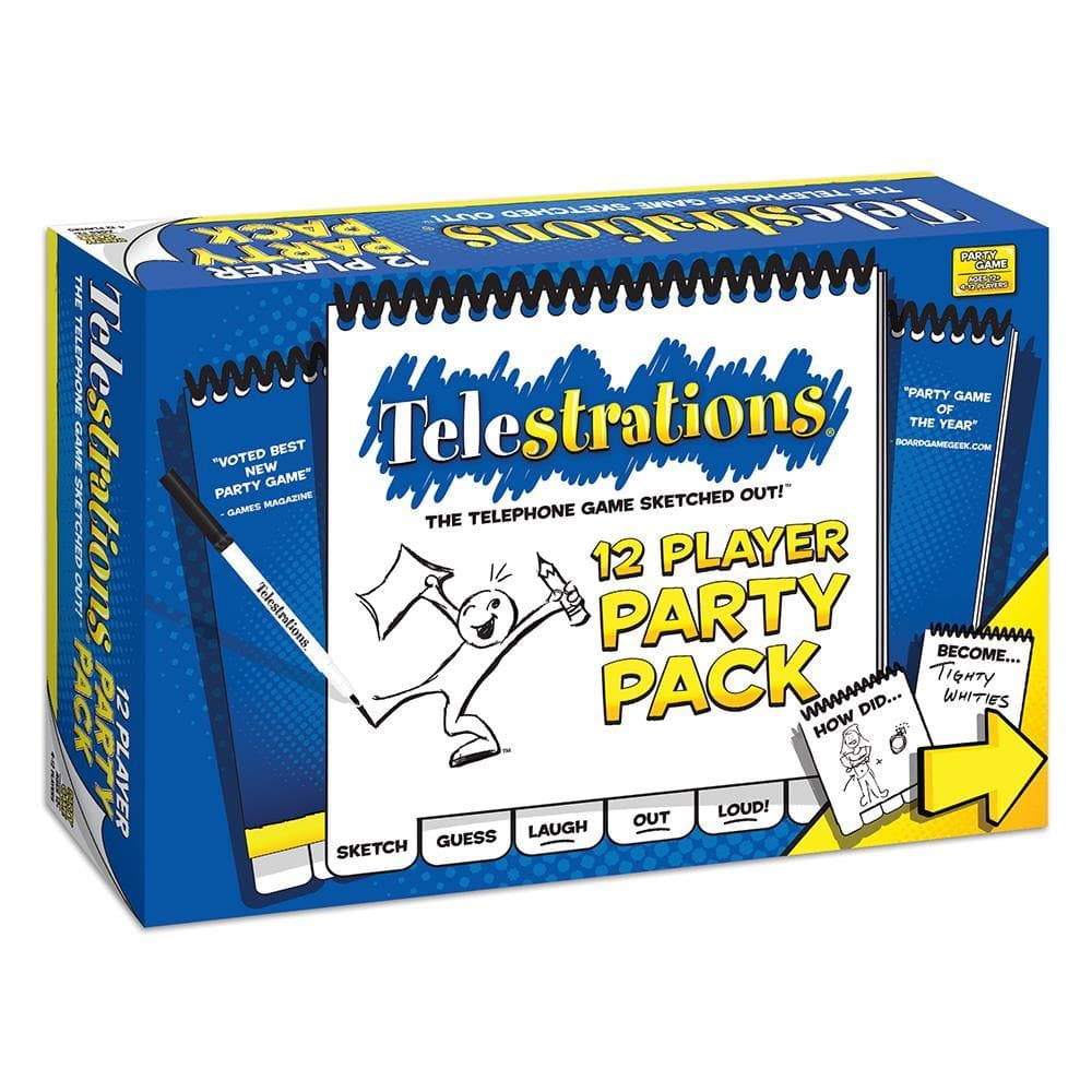 Boxed Telestrations 12 Player Party Pack game featuring illustrations of people drawing and the text 'party game' along with the Telestrations logo.