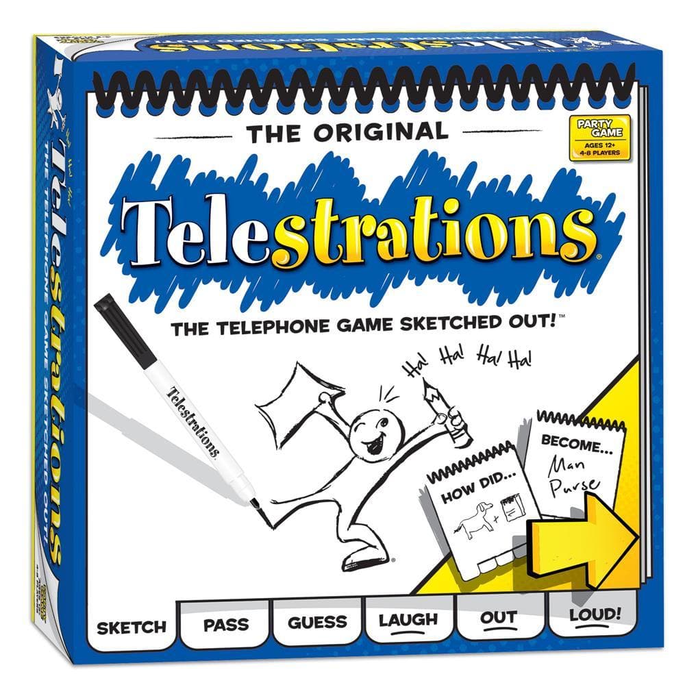 Box of the original Telestrations game featuring illustrations of people drawing and the text of the game's instructions.
