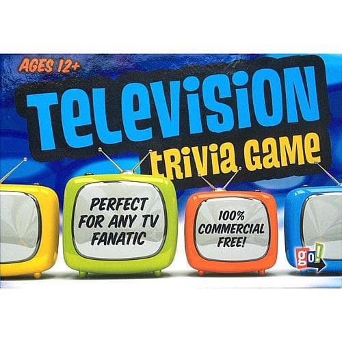 Package of the Television Trivia Game featuring cartoon-style television sets in yellow, green, and red with the text 'TELEVISION TRIVIA GAME', and additional details about the game being suitable for ages 12 and up, and 100% commercial-free.