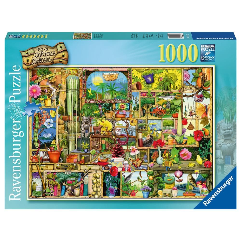 A 1000 piece jigsaw puzzle box featuring a colorful and detailed illustration of various garden tools and plants.