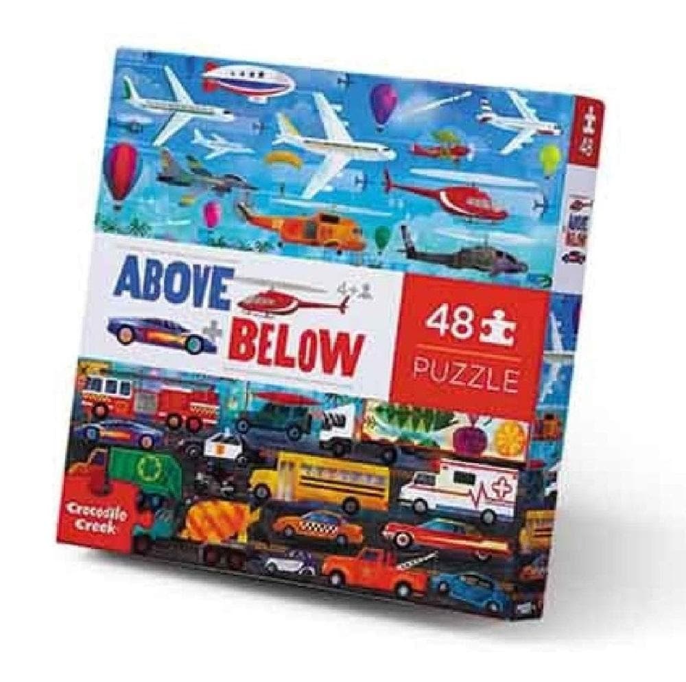 A box of Crocodile Creek 'Above and Below' children's 48 piece puzzle featuring various vehicles that fly above and those that drive below.