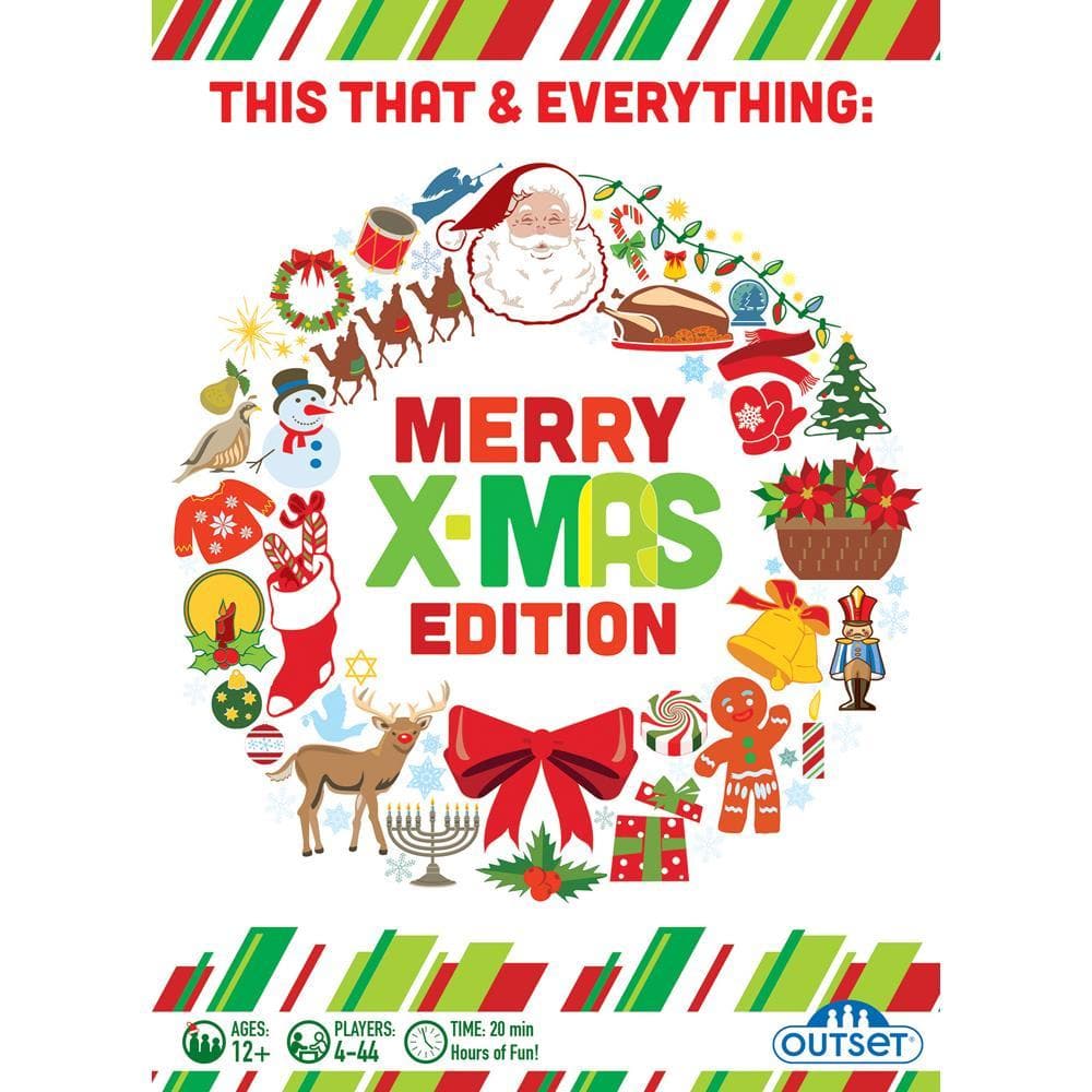 Cover art for 'This That and Everything: Merry XMas Edition' board game featuring holiday-themed illustrations such as Santa Claus, reindeer, and Christmas decorations.