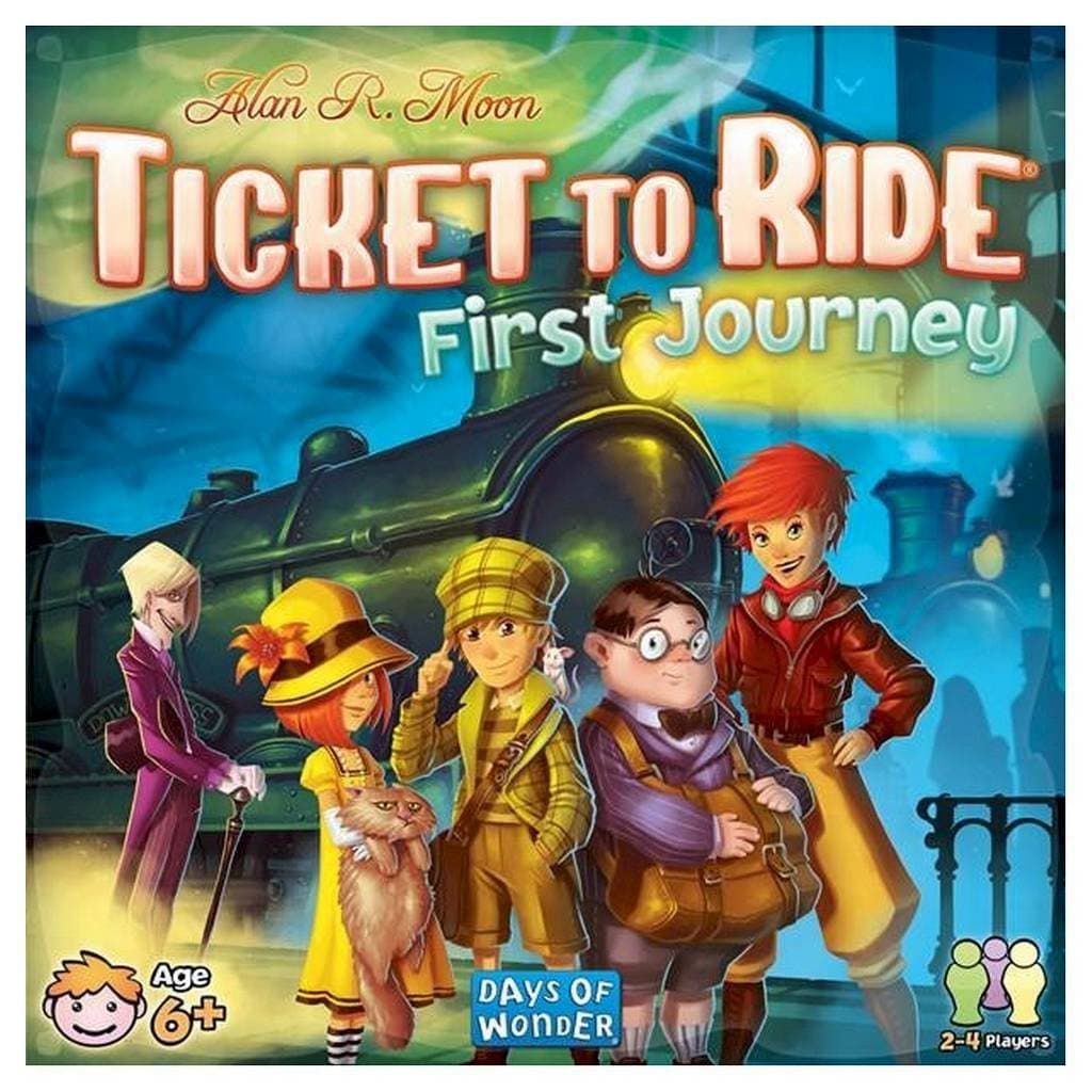 Cover art for the board game Ticket to Ride First Journey, featuring illustrated characters from the game on a train platform, with a steam train in the background.