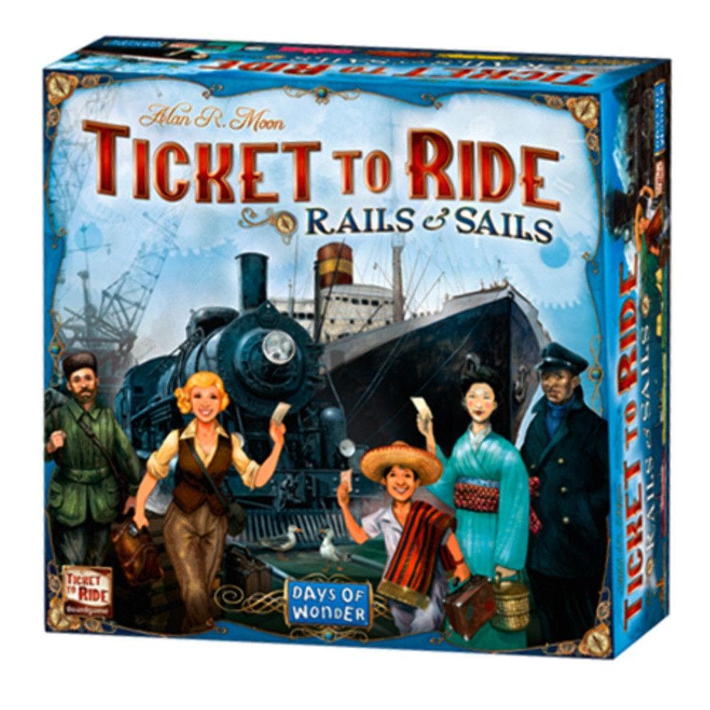 Board game box cover for 'Ticket to Ride Rails and Sails' featuring illustrations of characters, a train, and a ship, with the title and game details.