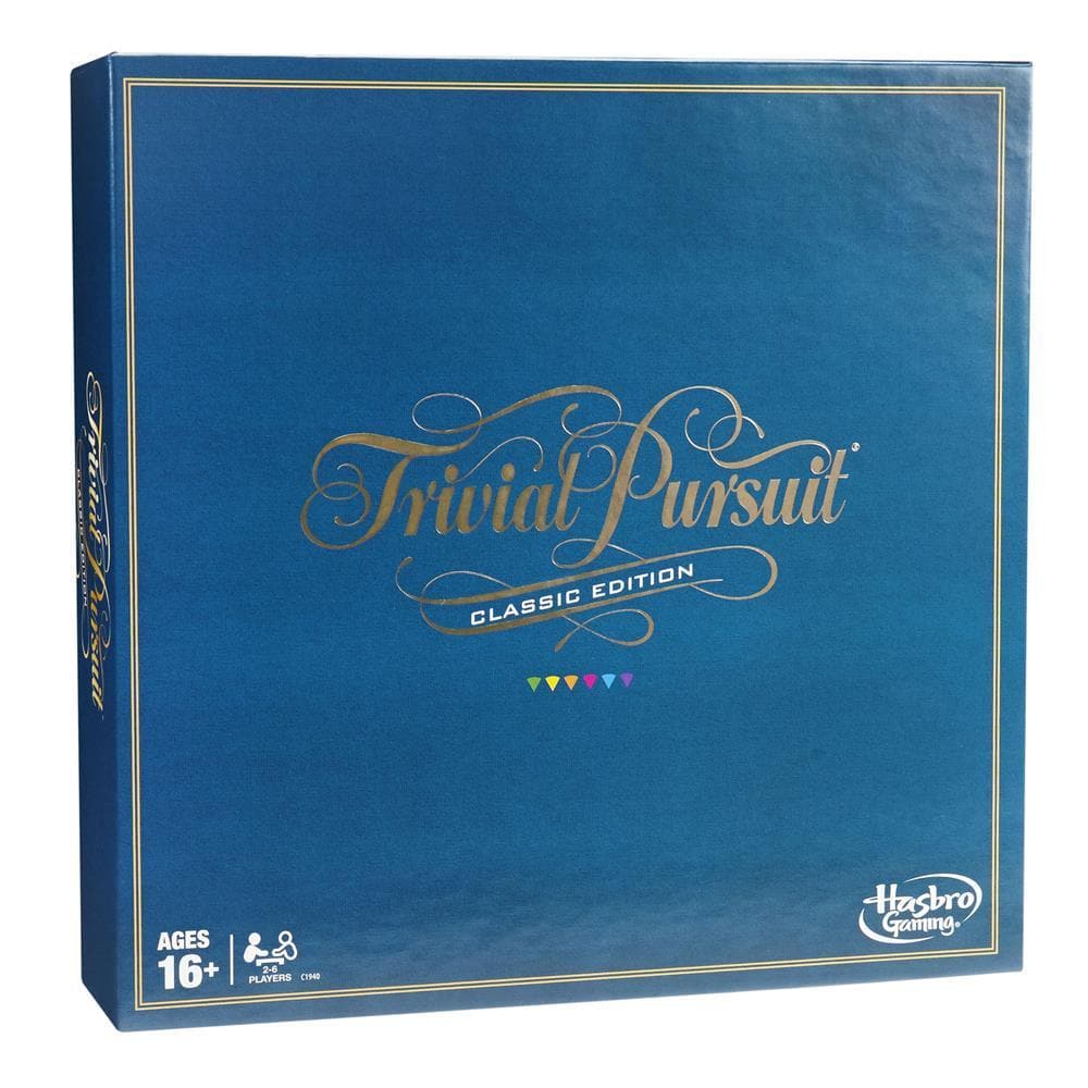 Boxed edition of Trivial Pursuit Classic, with the game's name and logo in gold on a blue background.