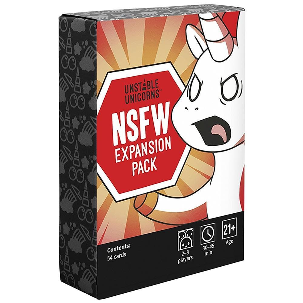 The image displays the packaging of the Unstable Unicorn NSFW expansion pack, which features a bold, cartoon-style unicorn character in a provocative pose, hinting at the adult-themed content of the expansion. The box highlights the inclusion of 54 cards, suggests a age requirement of 21 years and older, and indicates that the game is suitable for 2 to 16 players.