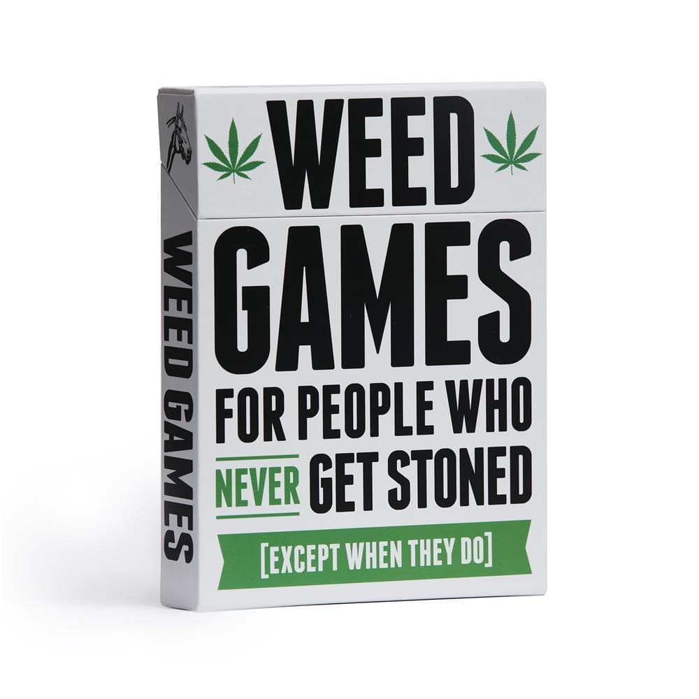 This image displays a product titled "Weed Games for People Who Never Get Stoned" which is presented as a box of novelty party games. The box features bold, graphic designs with cannabis leaves and text, suggesting a playful and cheeky theme aimed at adults who enjoy party games.