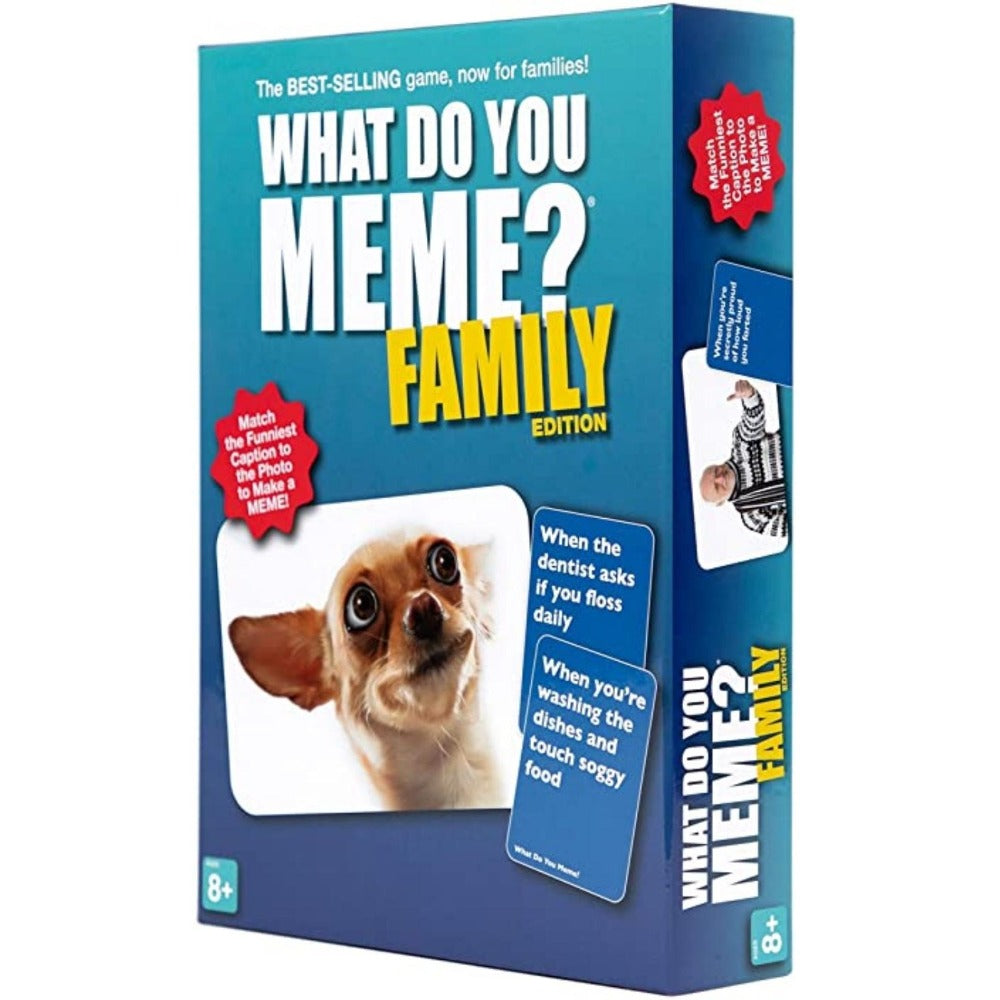 A box of the 'What Do You Meme?' Family Edition card game featuring a chihuahua dog on the cover.