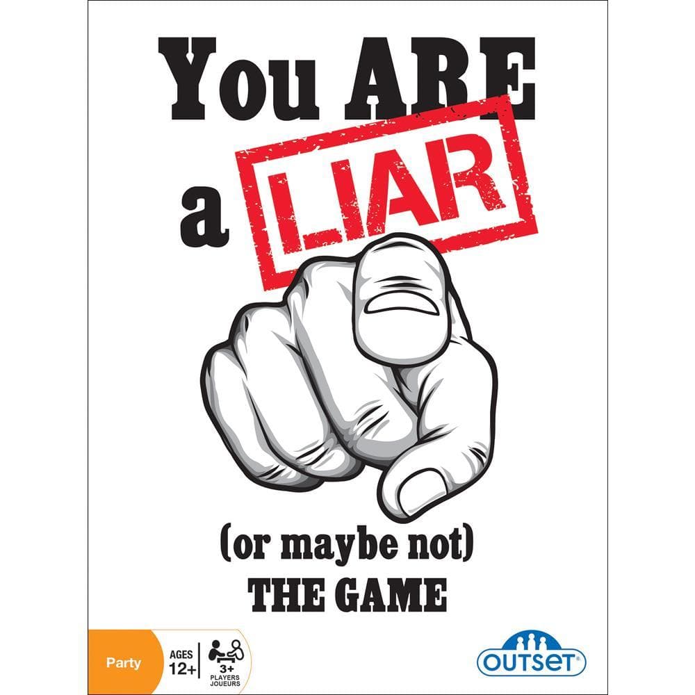 You Are A Liar game cover art featuring a pointing finger with the text 'You ARE a LIAR (or maybe not) THE GAME' and the Outset Media logo.