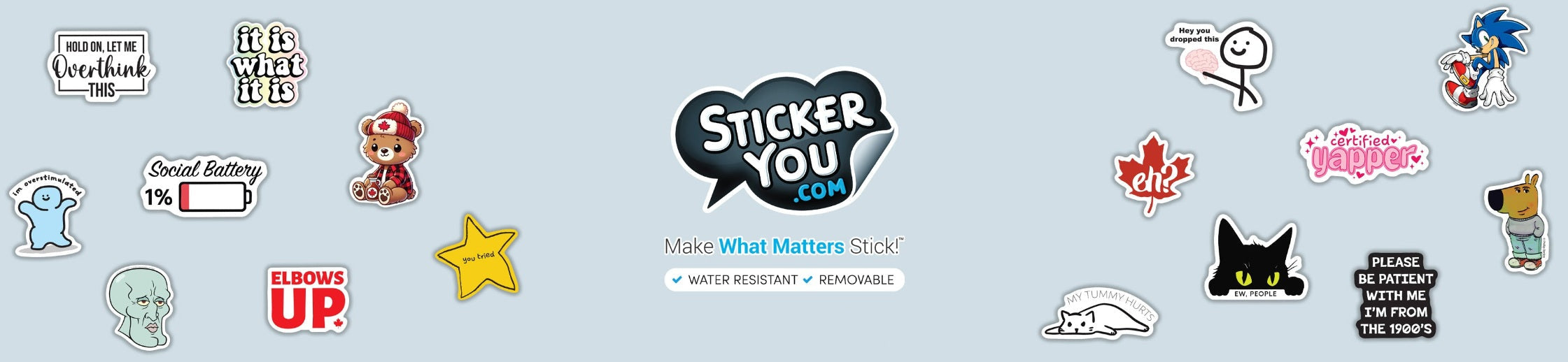 Collection of various stickers with different designs on a light blue background, featuring the 'Sticker You' brand.