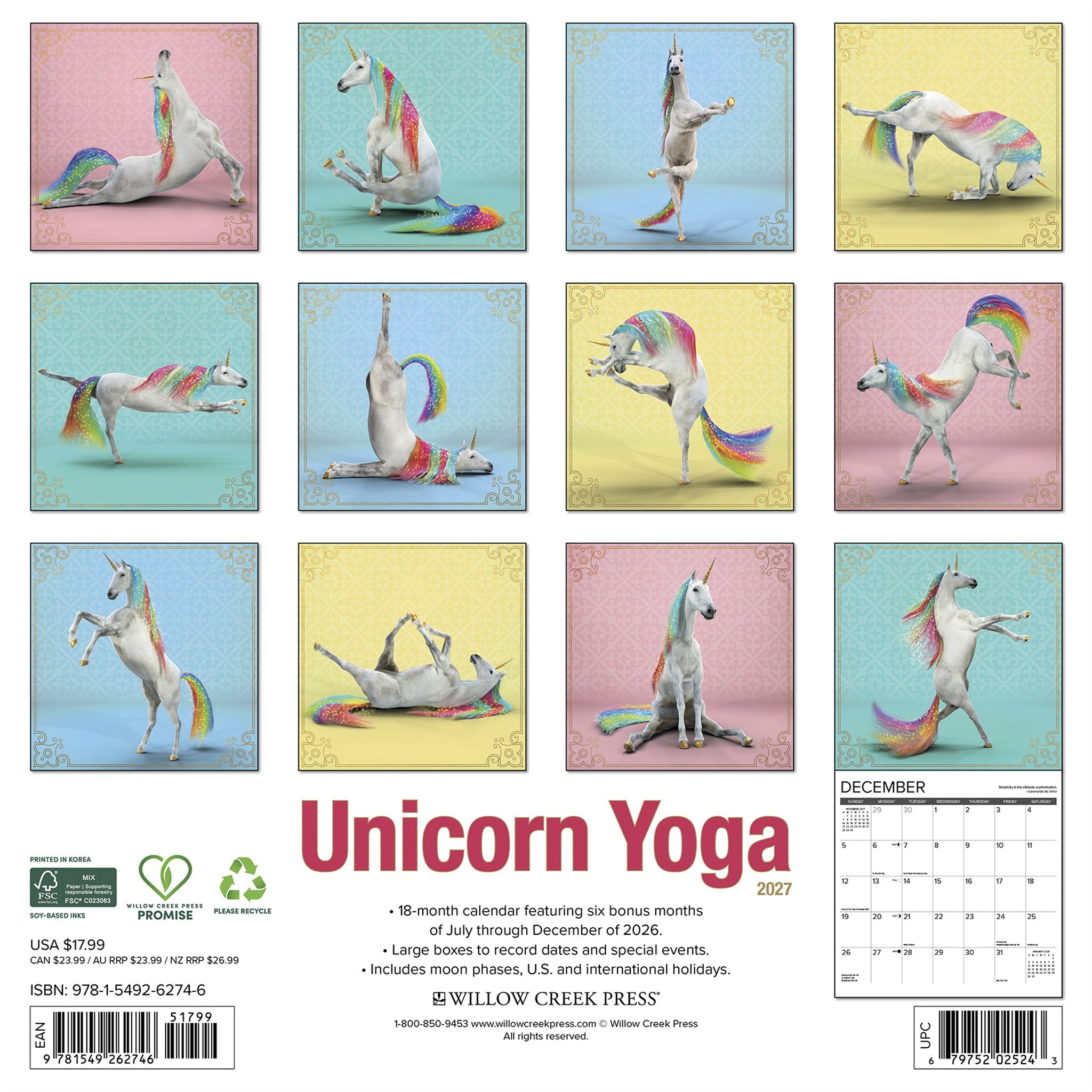 Unicorn Yoga 2027 Wall Calendar
