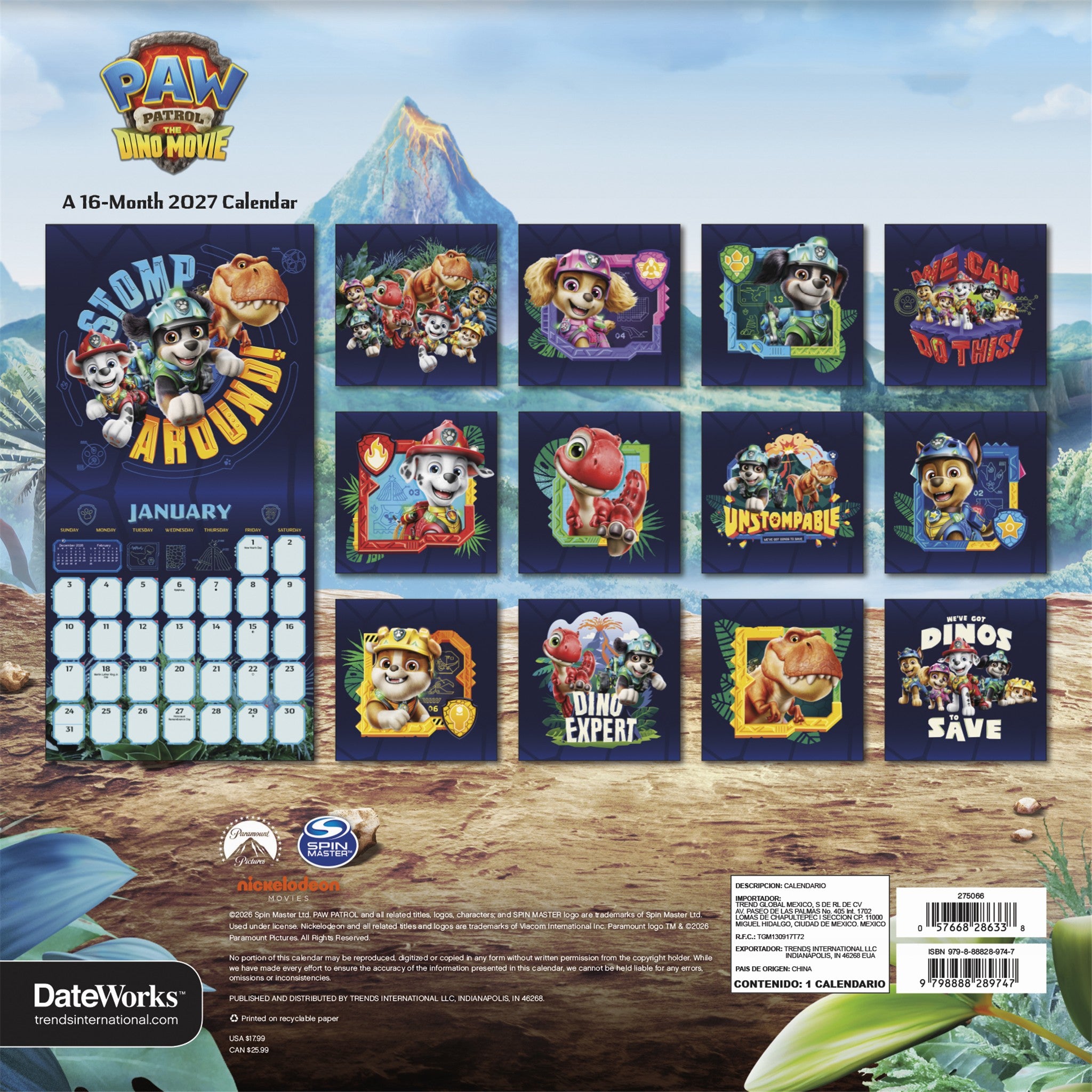 Paw Patrol: The Dino Movie 2027 Wall Calendar