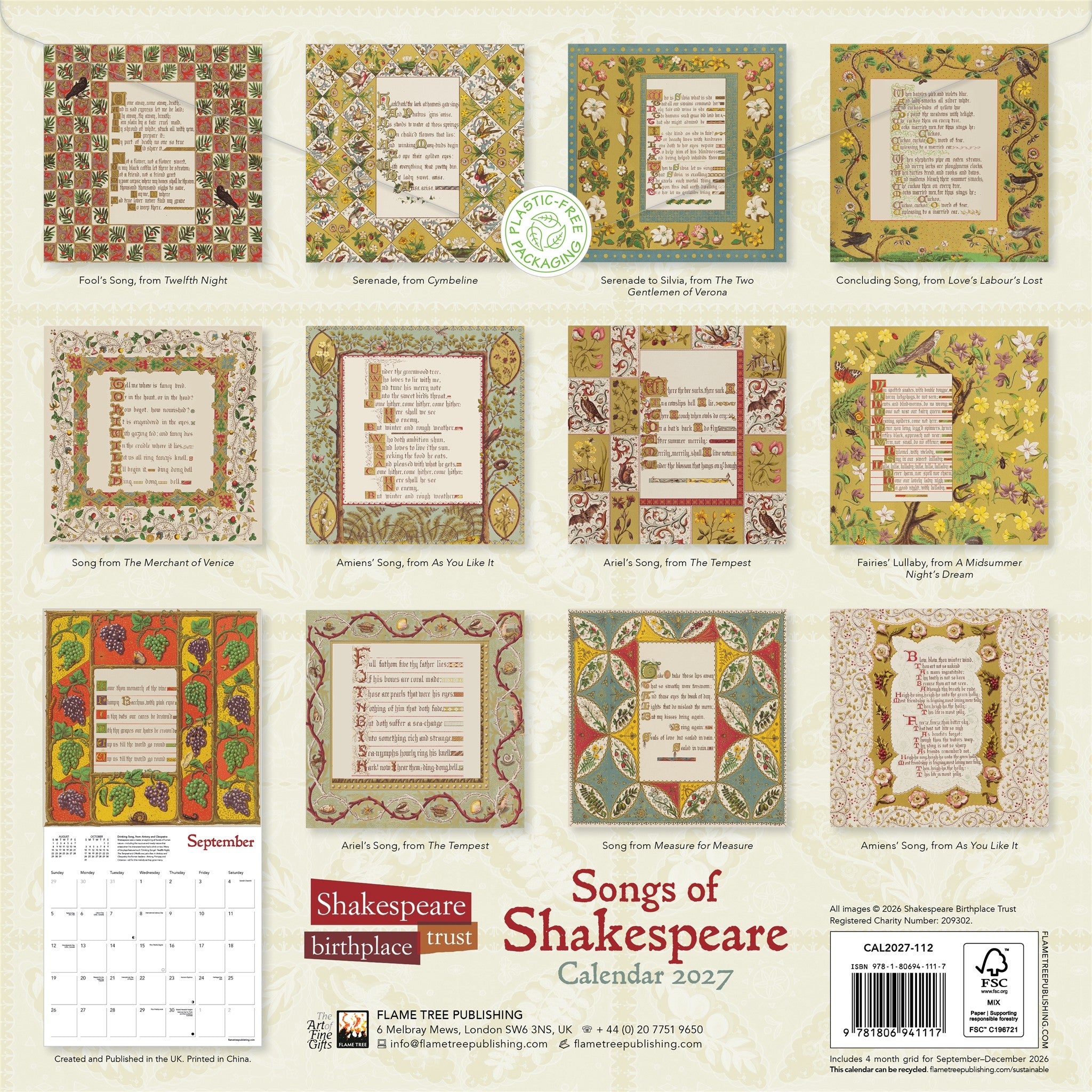 Songs of Shakespeare 2027 Wall Calendar - Online Only
