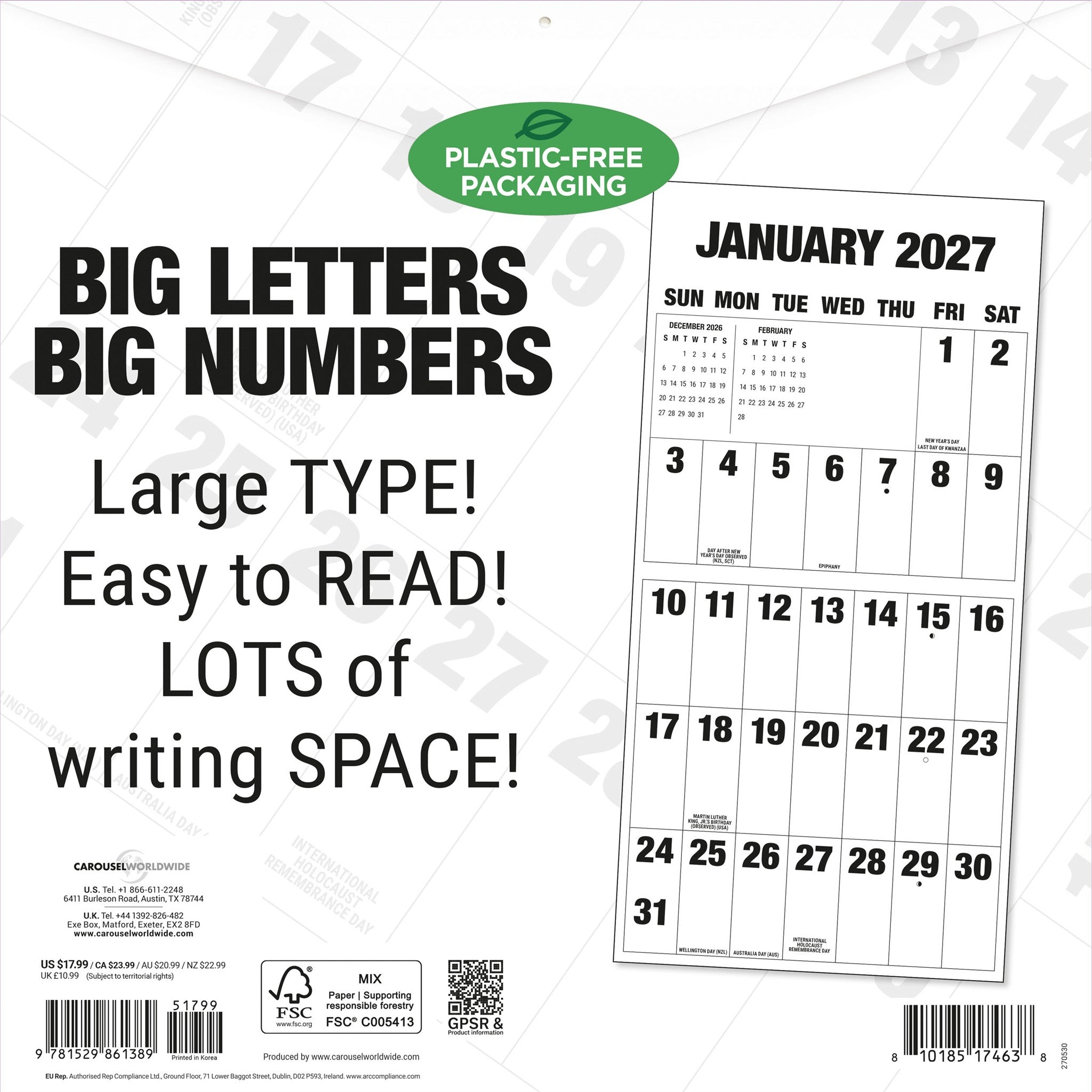 Big Letters Big Numbers 2027 Wall Calendar