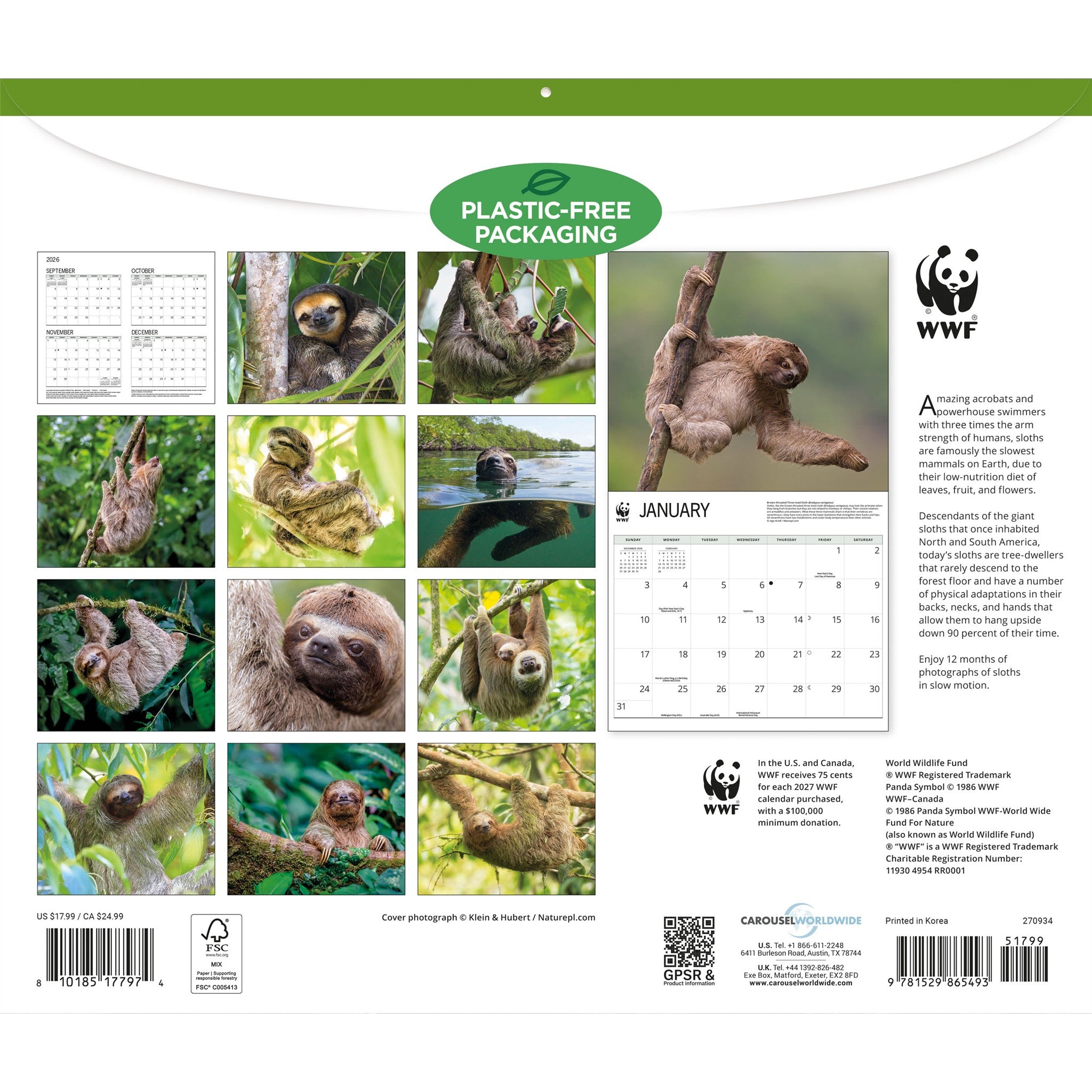 World Wildlife Fund Sloths 2027 Wall Calendar