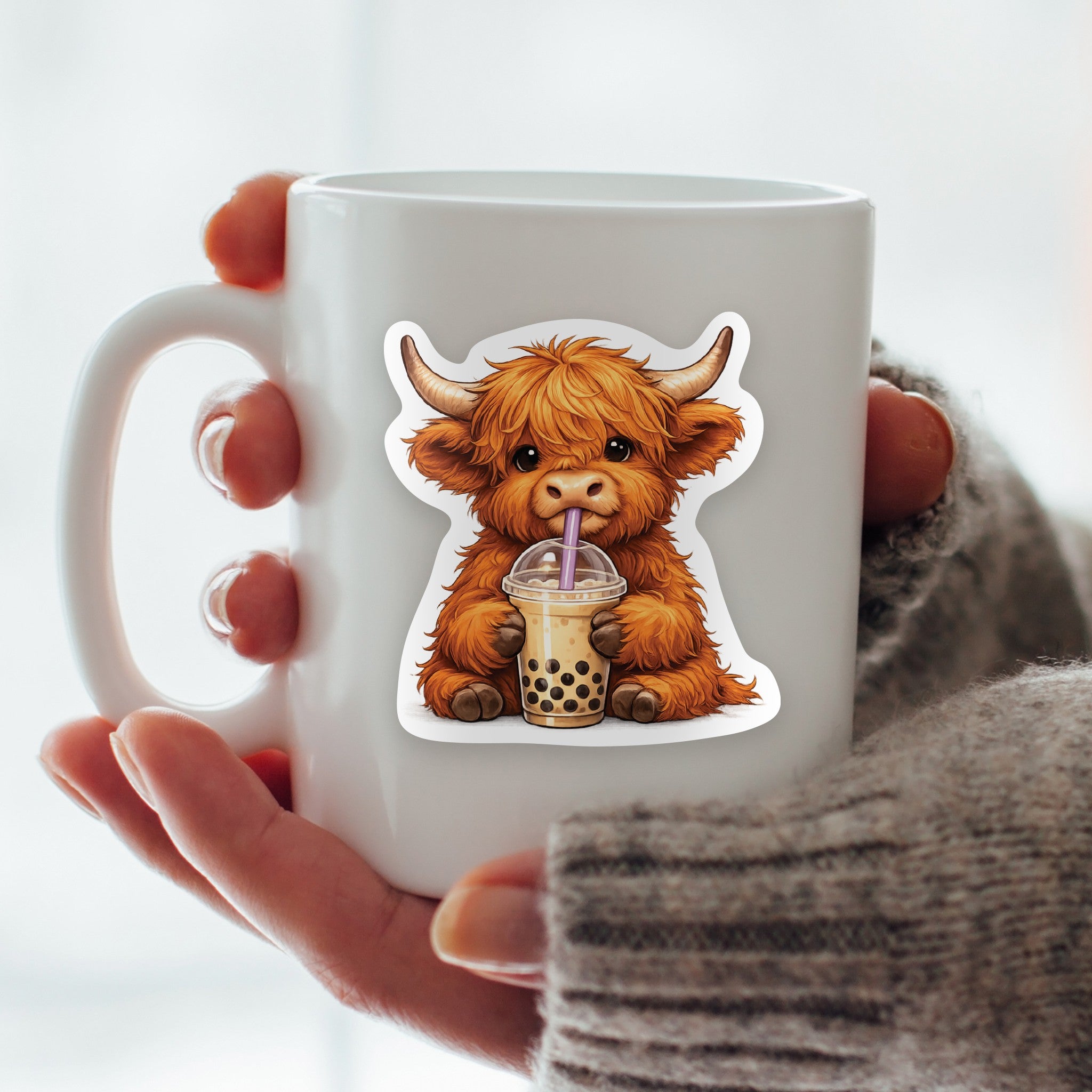 Highland Cow with Bubble Tea Exclusive Vinyl Sticker