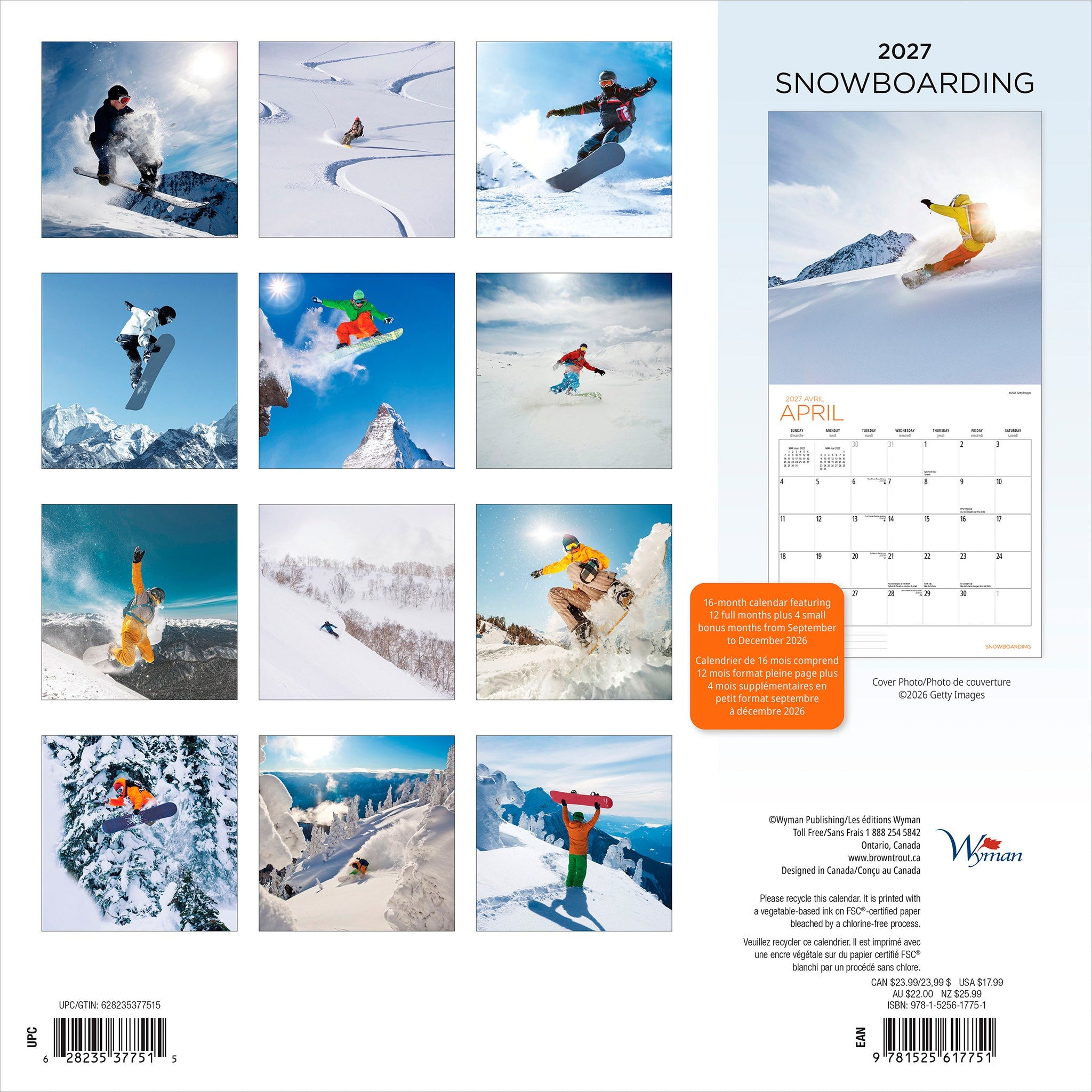 Snowboarding 2027 Wall Calendar
