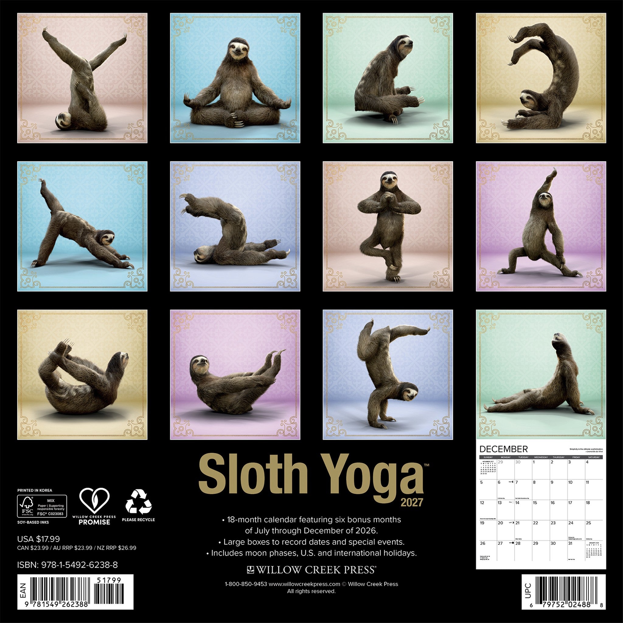 Sloth Yoga 2027 Wall Calendar