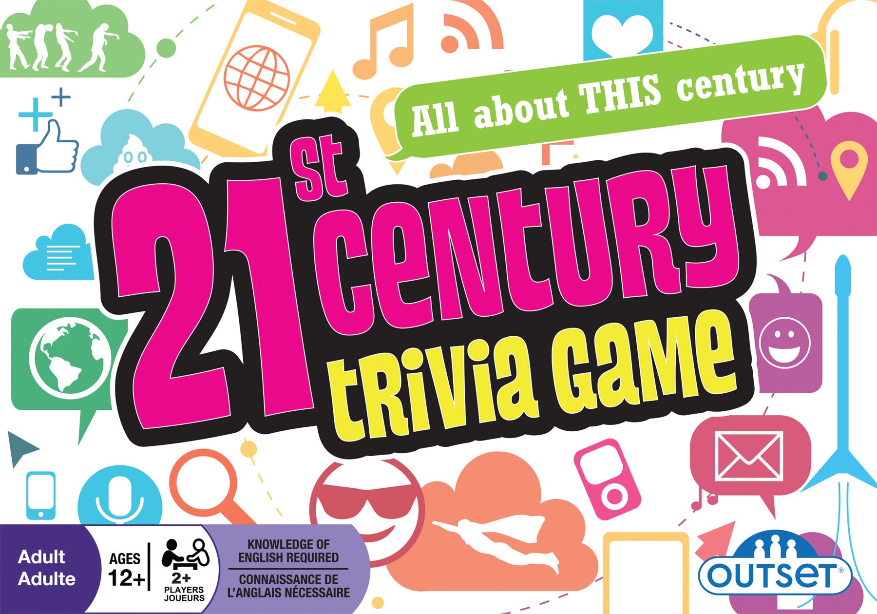 The cover of the '21st Century Trivia Game' board game packaging, featuring colorful text and icons indicative of various categories and hints, with the Outset Media logo.