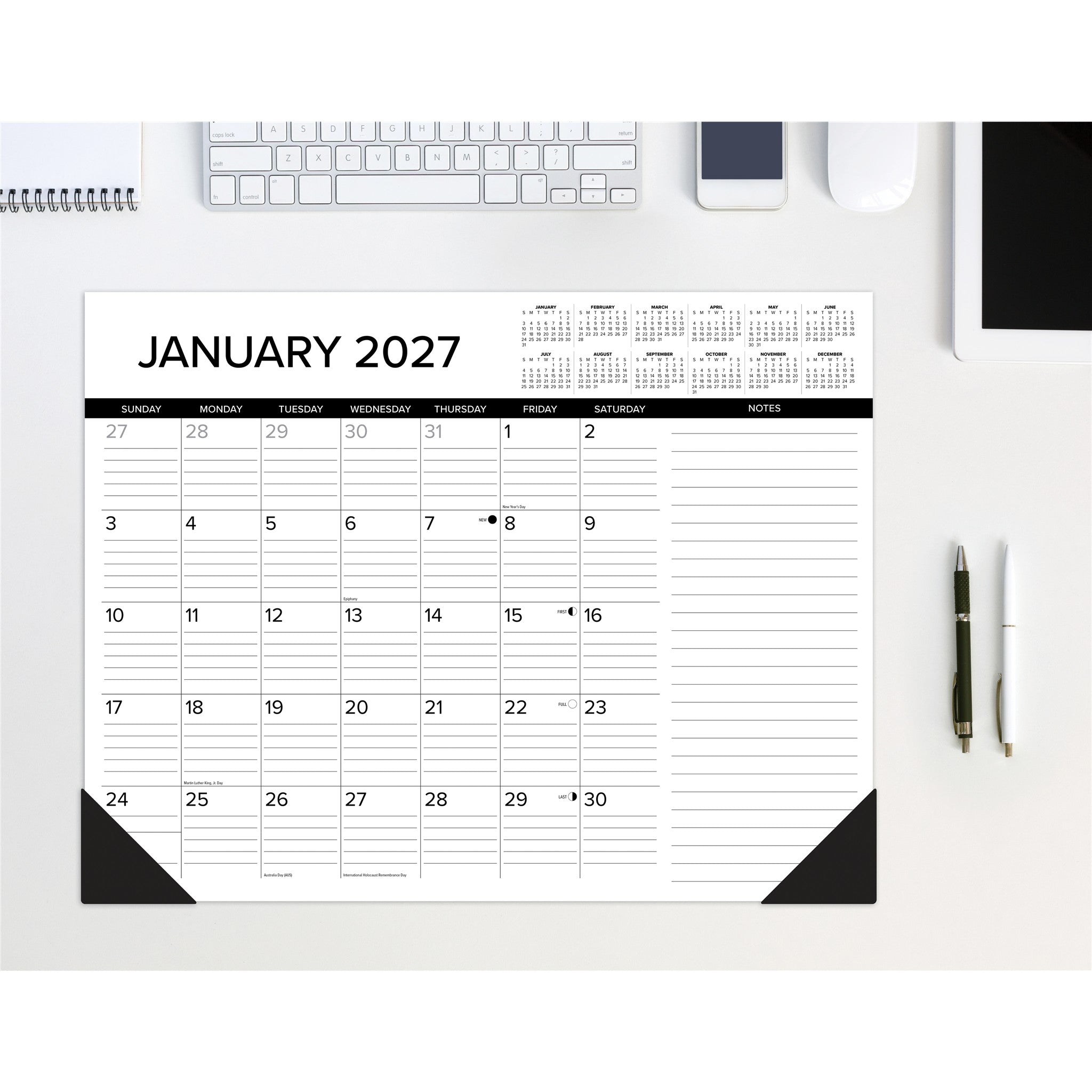 Black and White 2027 Desk Pad Calendar