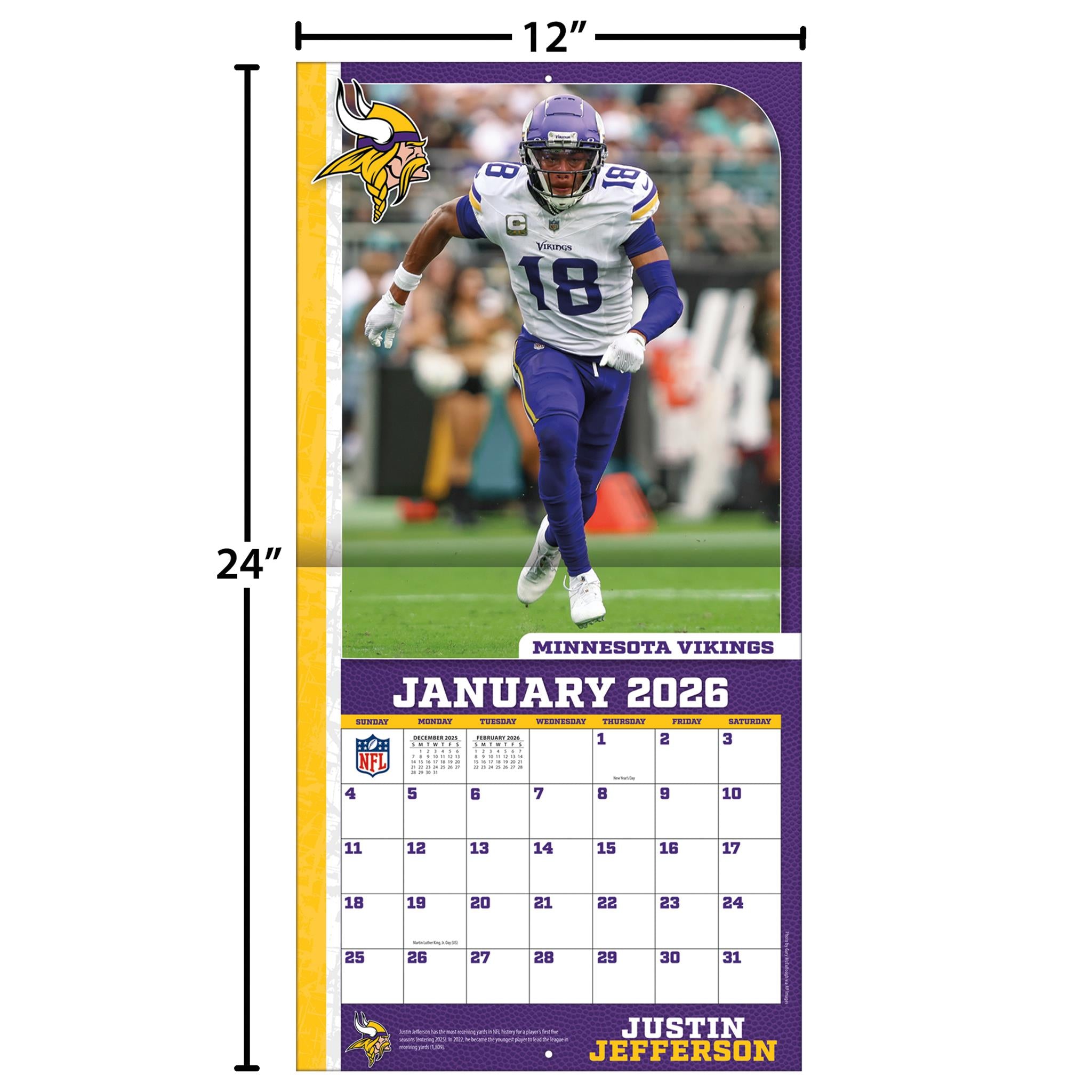 NFL  Justin Jefferson Minnesota Vikings 2026 Wall Calendar