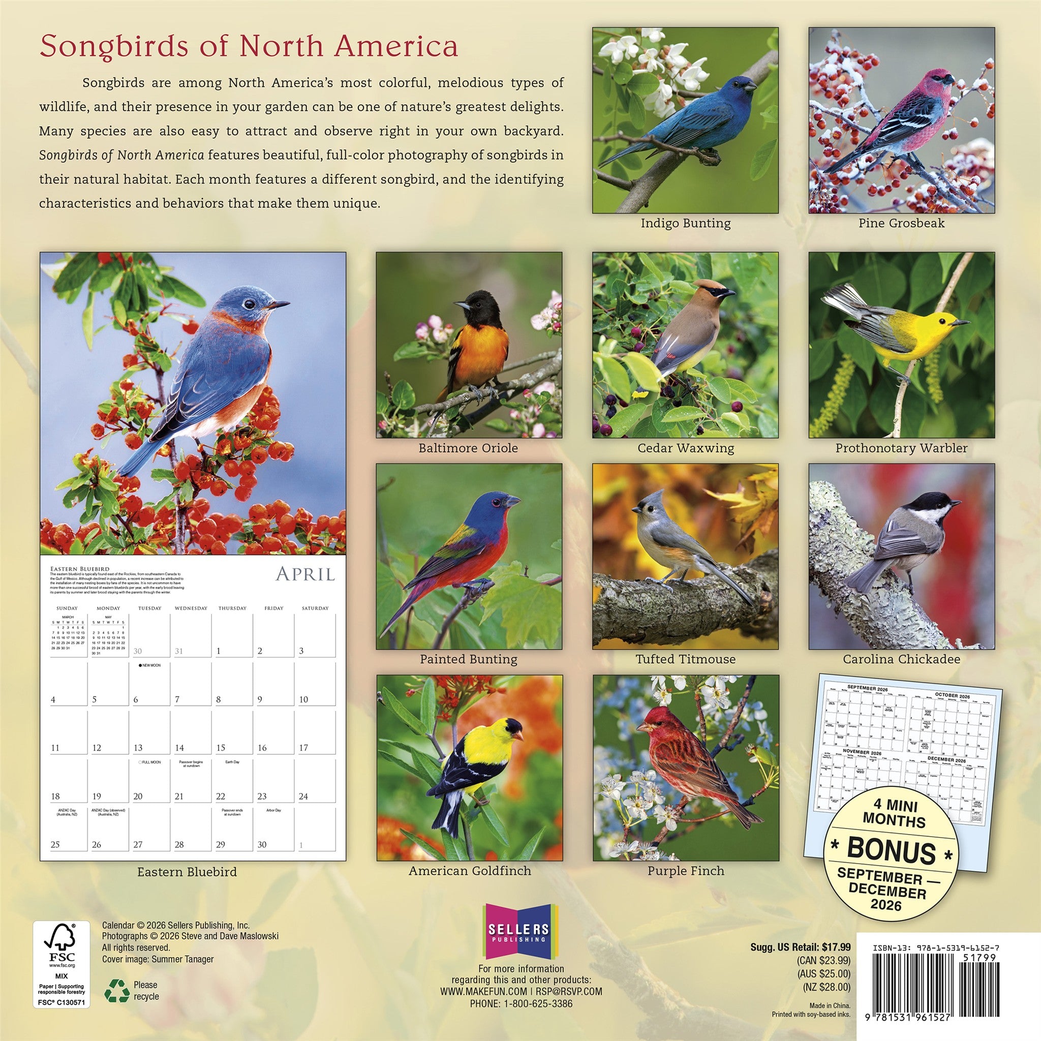 Songbirds of North America 2027 Wall Calendar