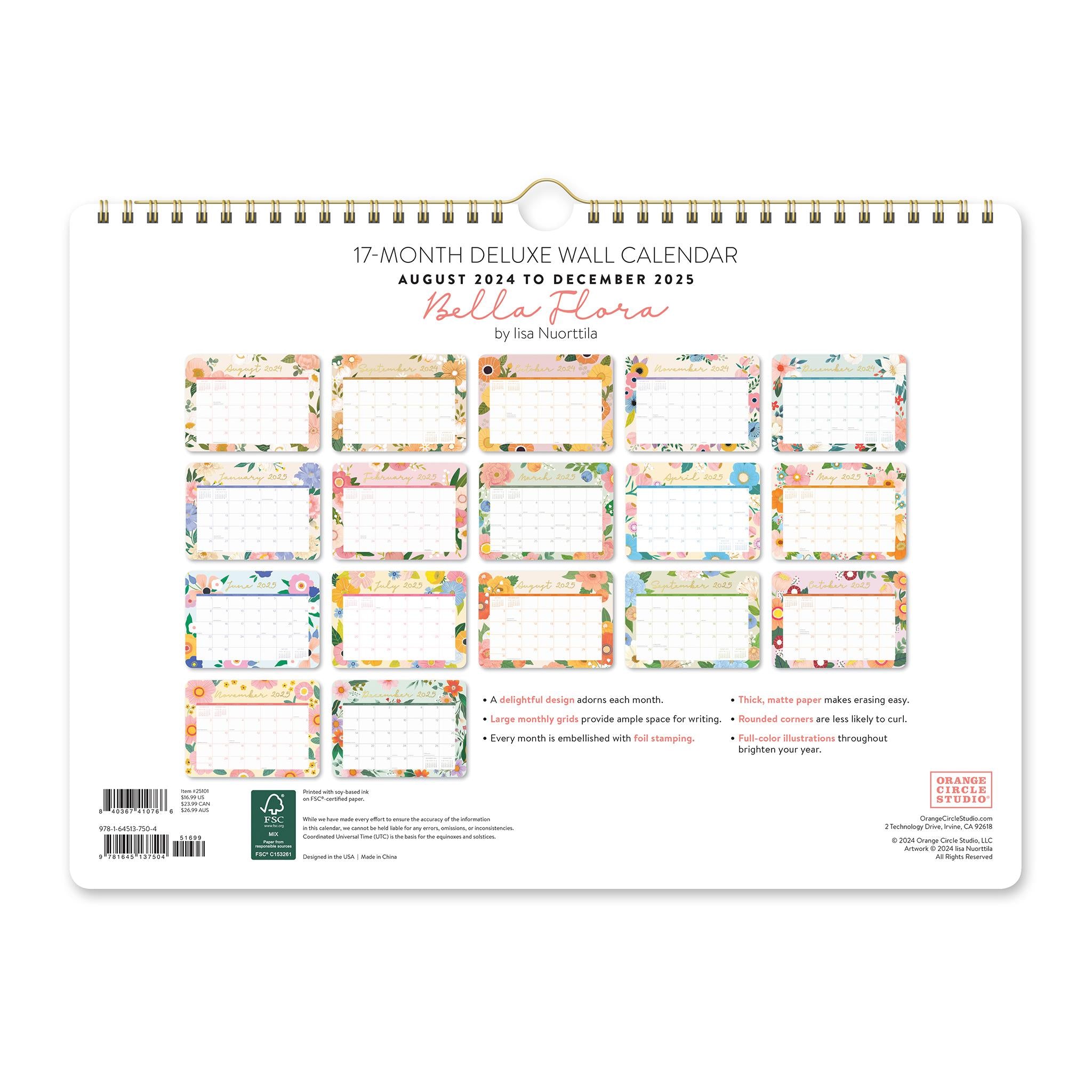 Bella Flora Spiral Deluxe Wall 2025 Calendar