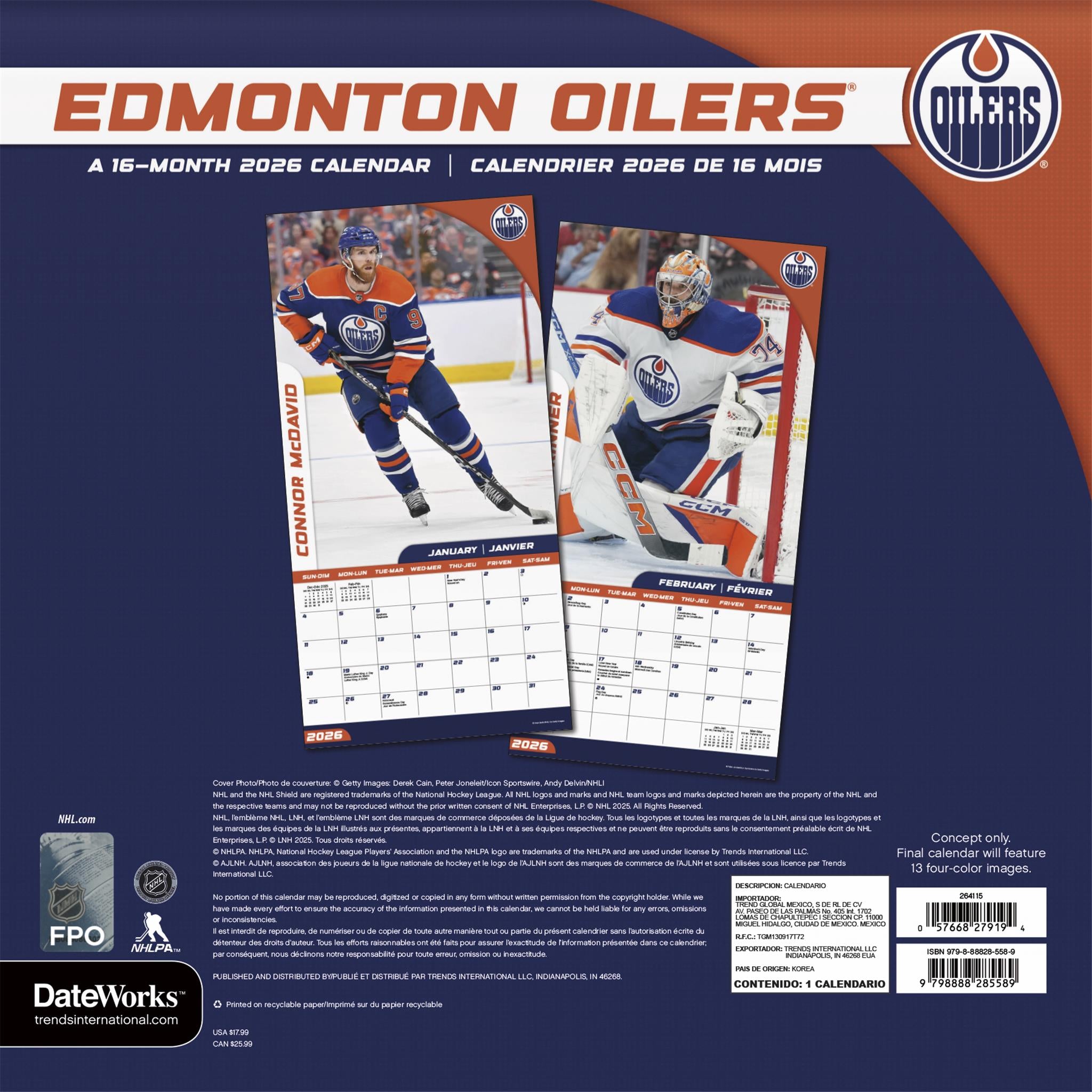 NHL Edmonton Oilers Bilingual 2026 Wall Calendar
