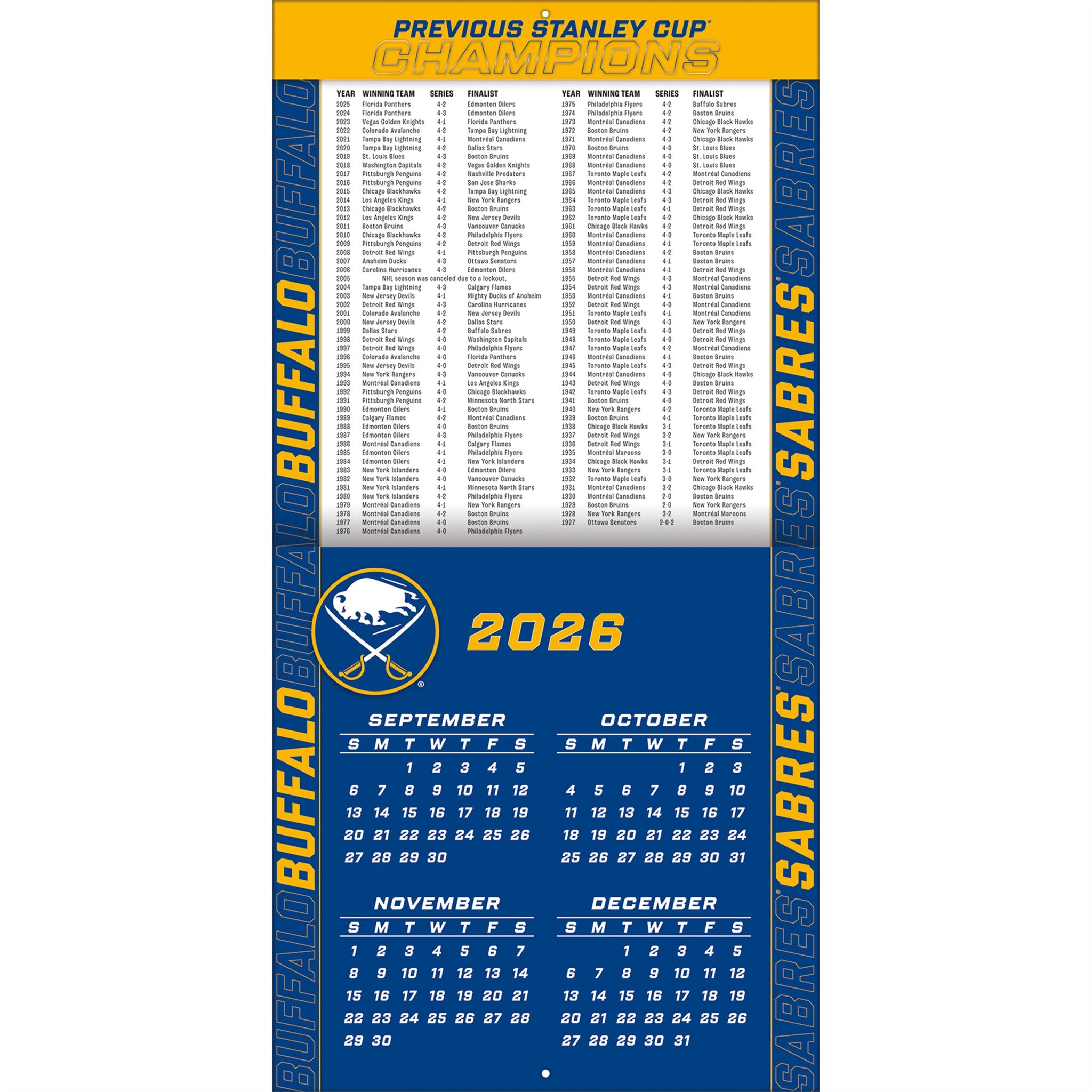 NHL Buffalo Sabres 2027 Wall Calendar